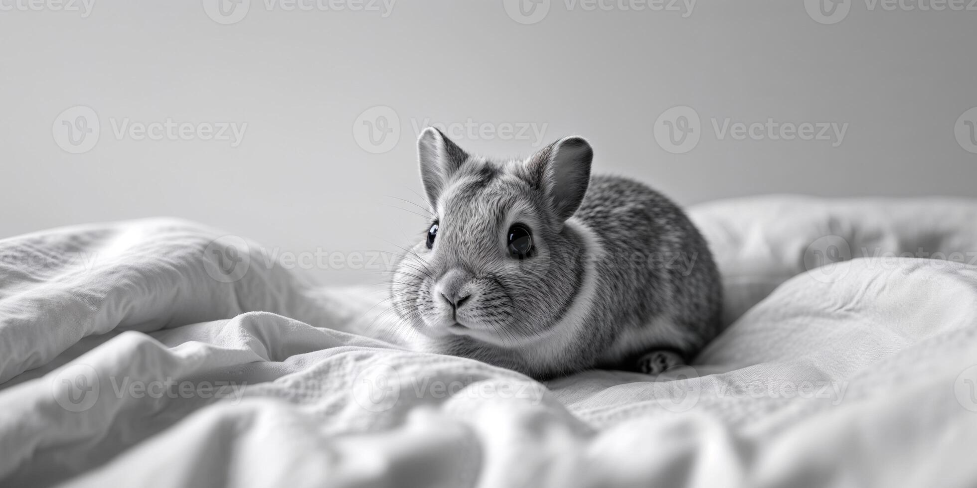 Adorable furry creature with large eyes resting on a bed photo
