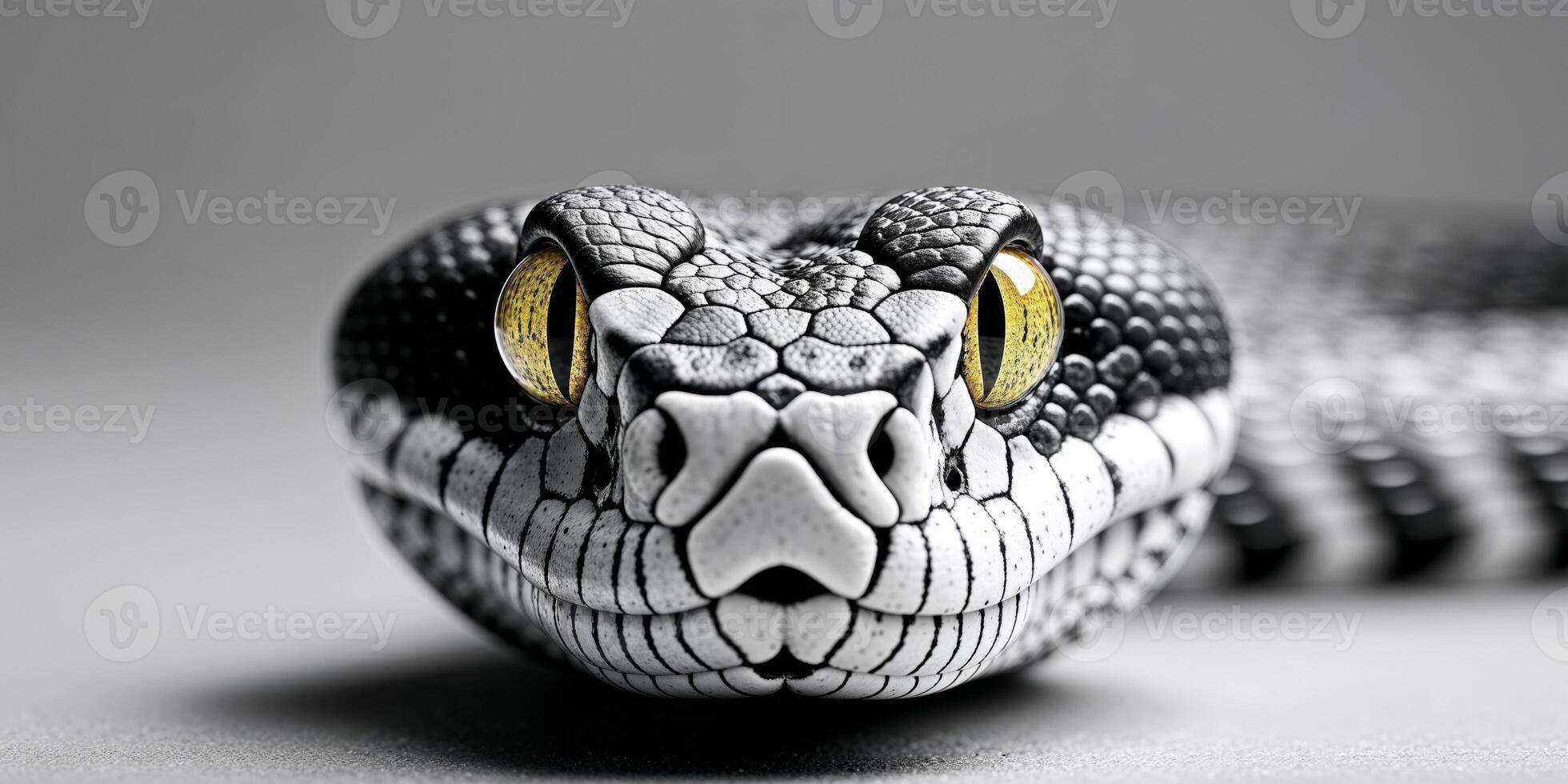 A close up of a snake's face with yellow eyes. photo