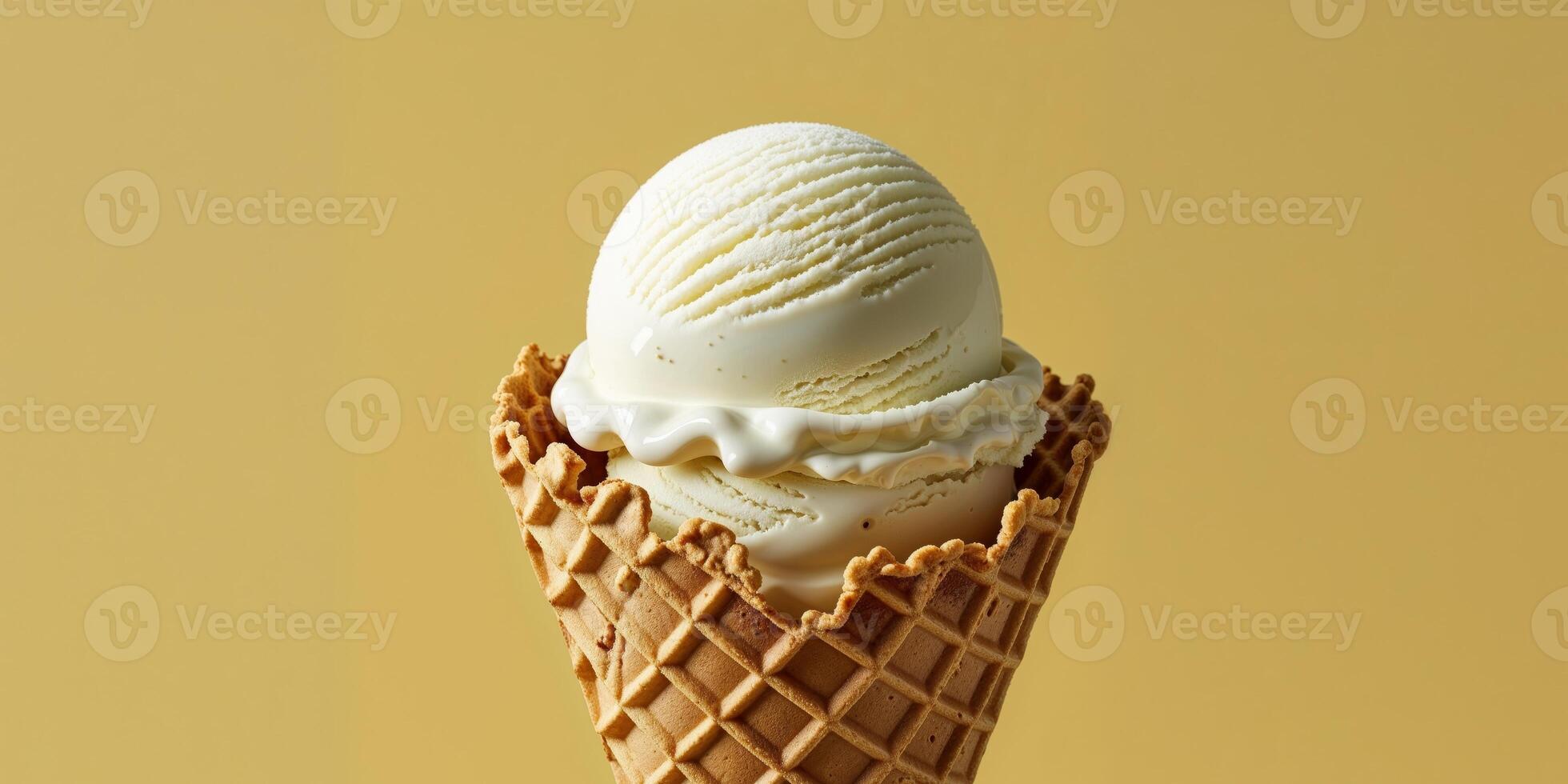 Vanilla Ice Cream in Waffle Cone on Yellow Background photo