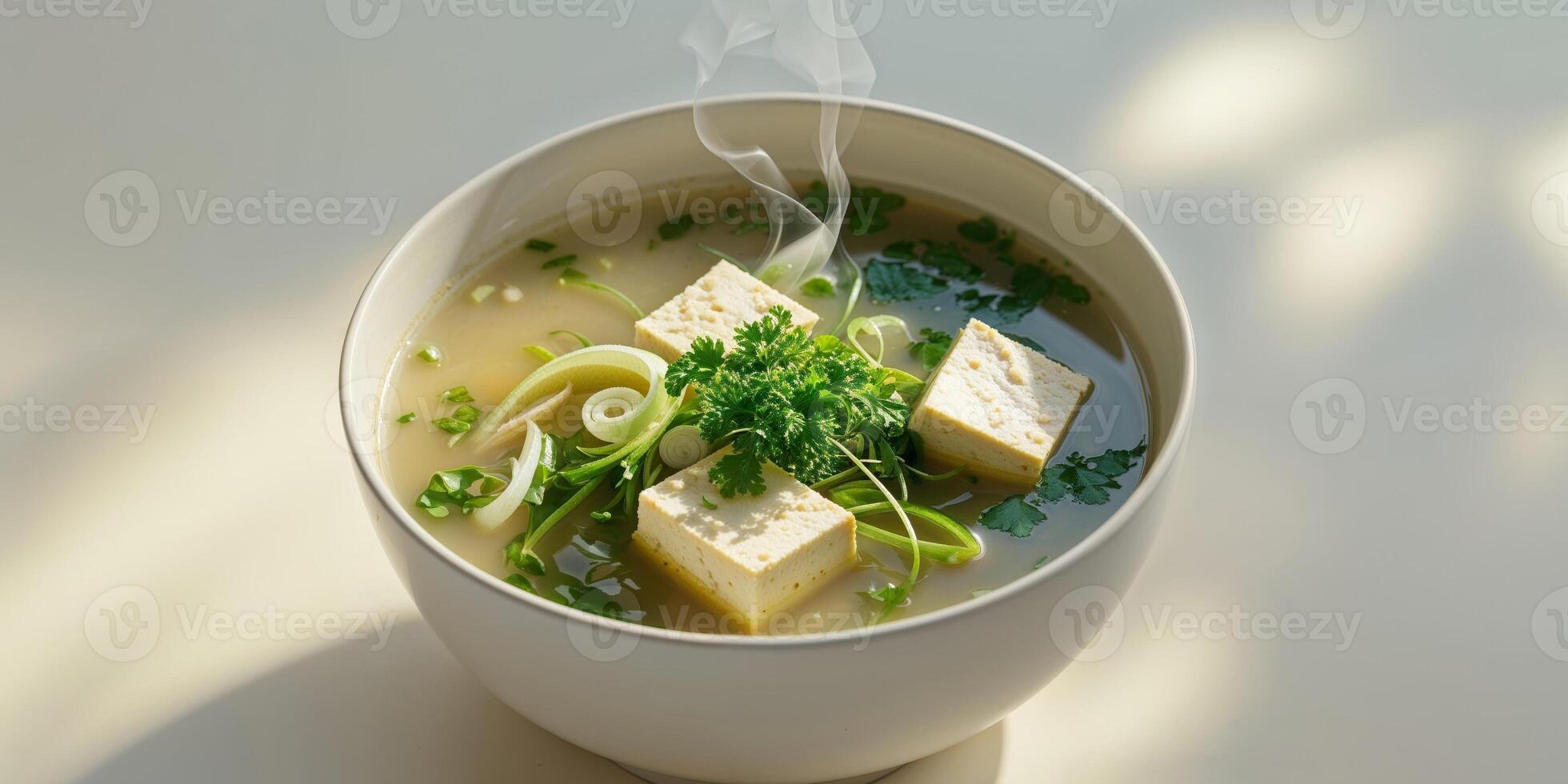 Delicious Bowl of Soup Featuring Tofu Green Onions and Fresh Herbs. photo