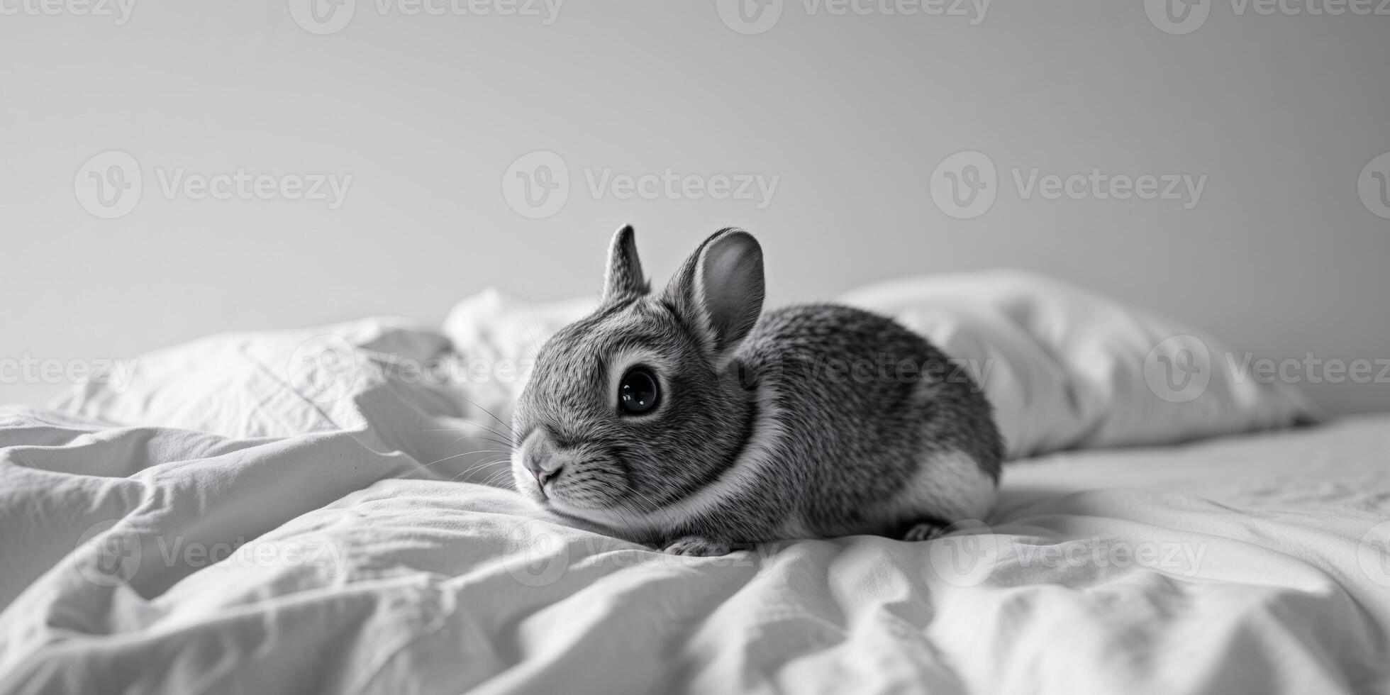 Adorable furry creature with large eyes resting on a bed. photo