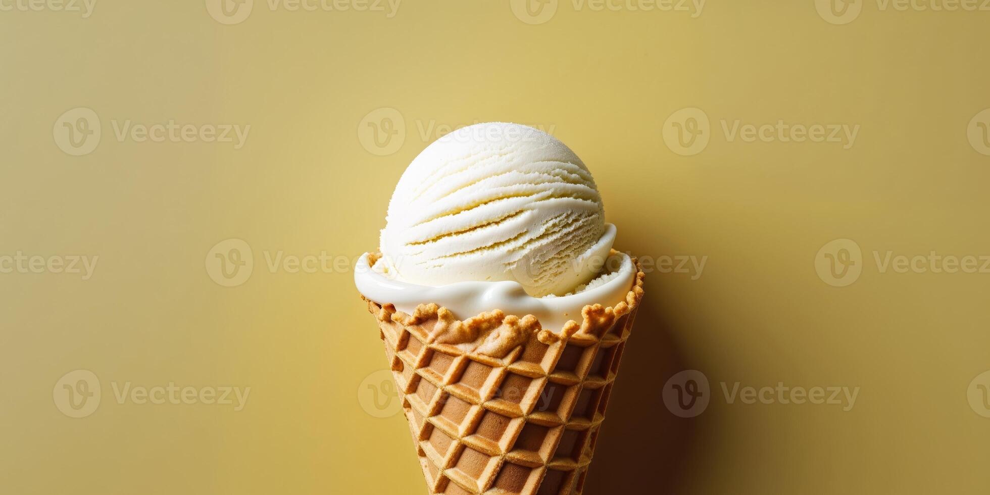 Vanilla Ice Cream in Waffle Cone on Yellow Background. photo