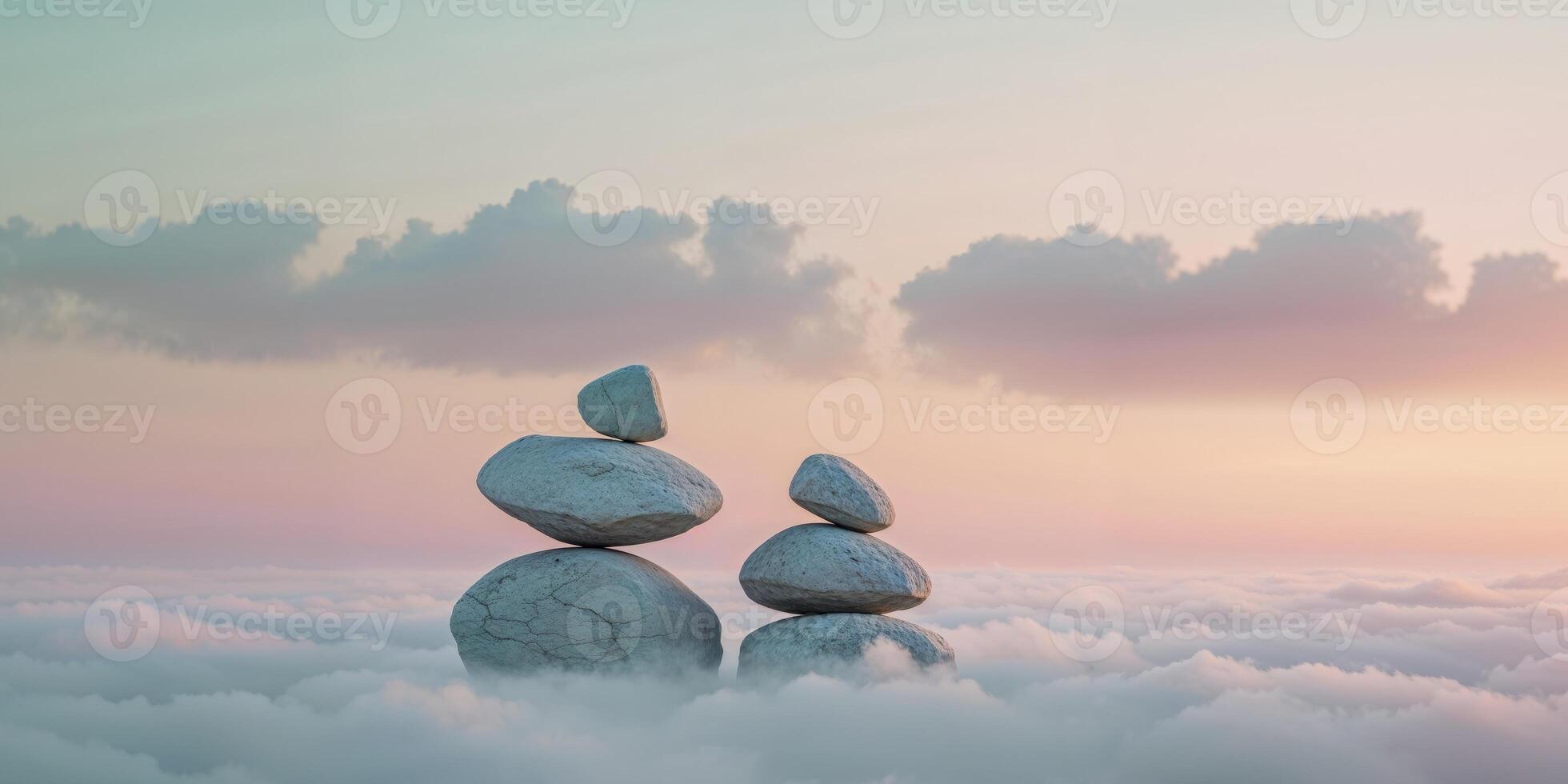 Two stacked rocks in the clouds with a sunset photo