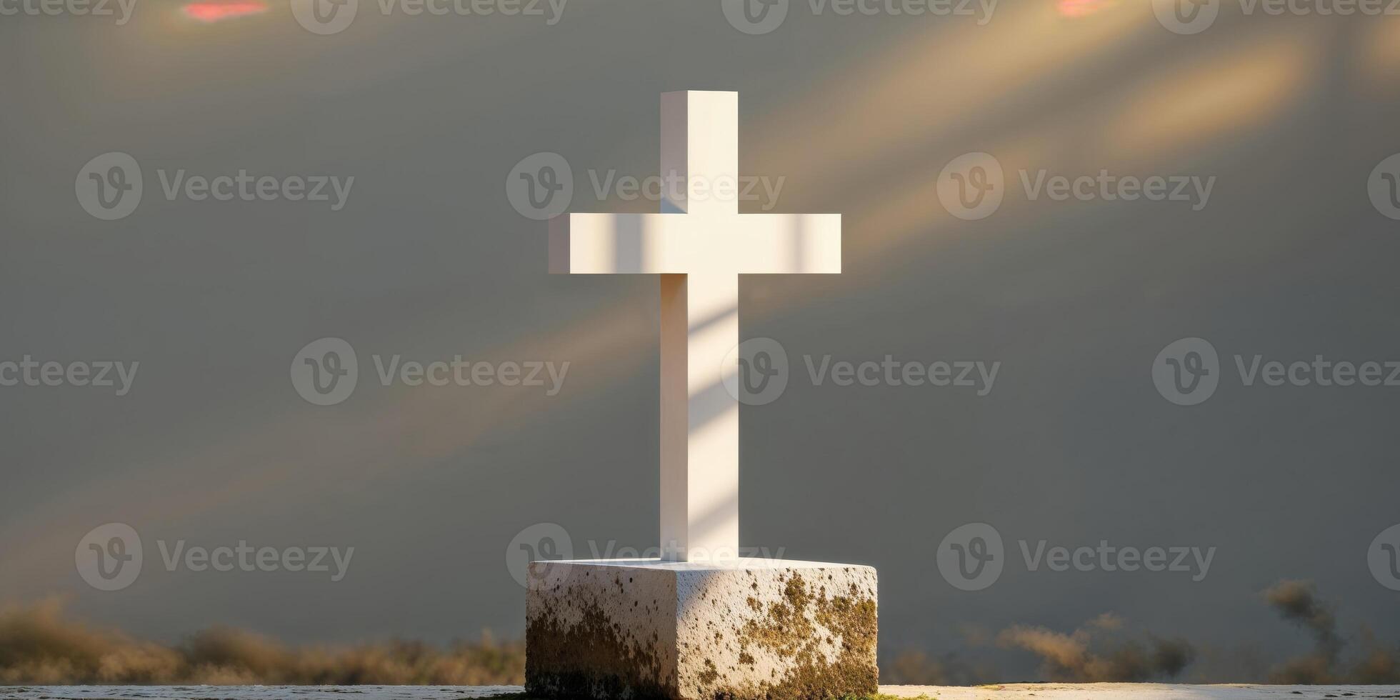 A cross is standing in front of a stone wall photo