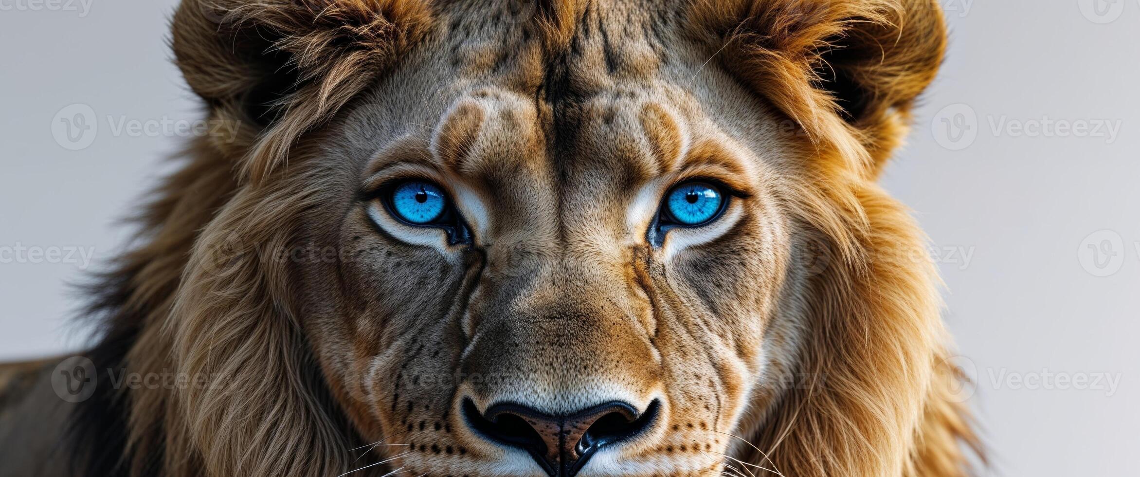 A tight shot of a lion's face with piercing blue eyes. photo