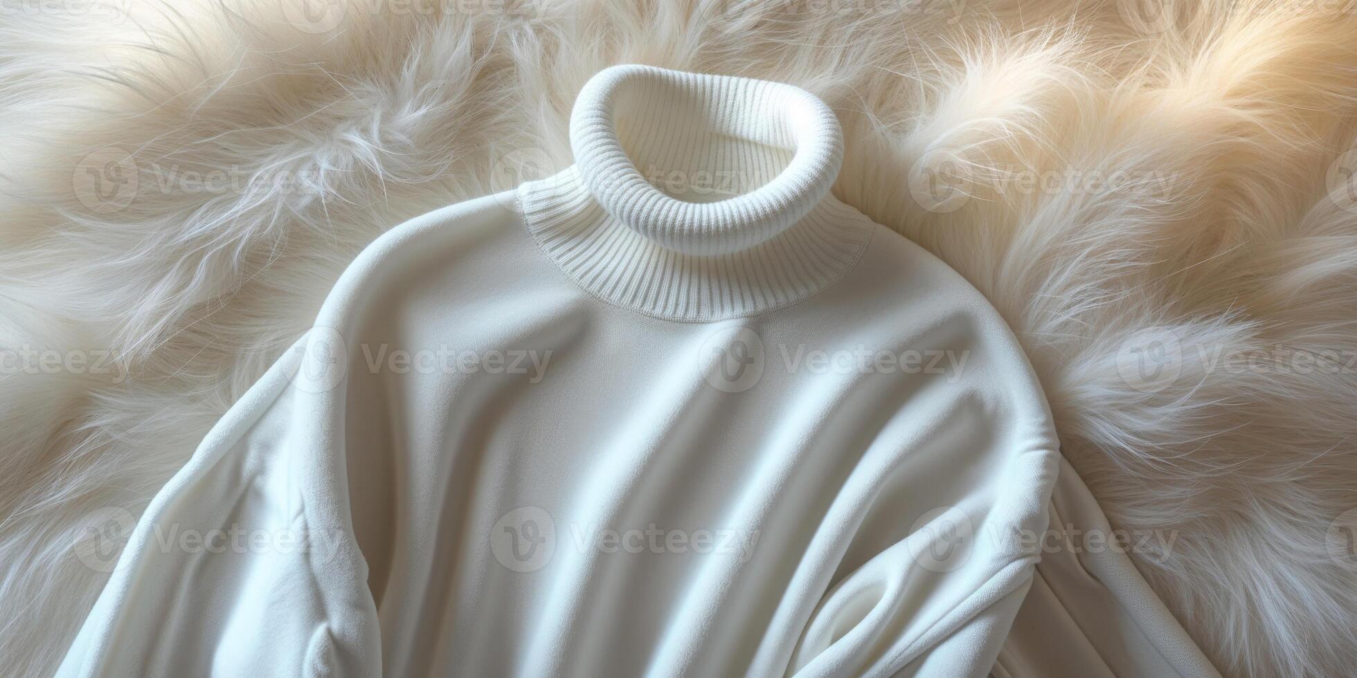 Cozy White Turtleneck Sweater on Soft White Fur Background Ideal for Fashion Presentation and Apparel Mockup Display photo