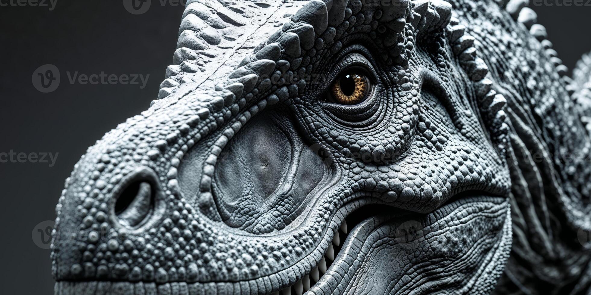 A tight shot of a dinosaur's face reveals a toothy grin forming on the left side. photo