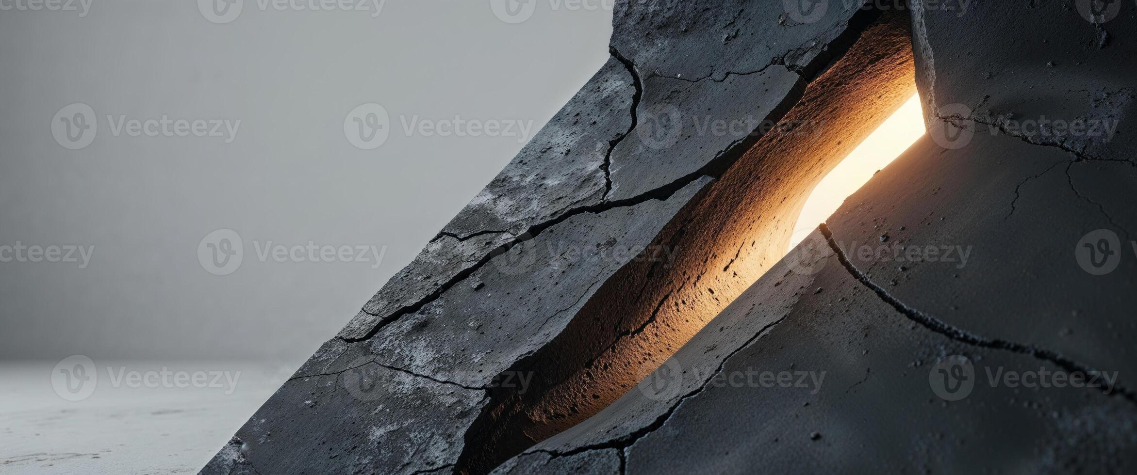 A cracked dark rough surface reveals a glowing opening inside photo