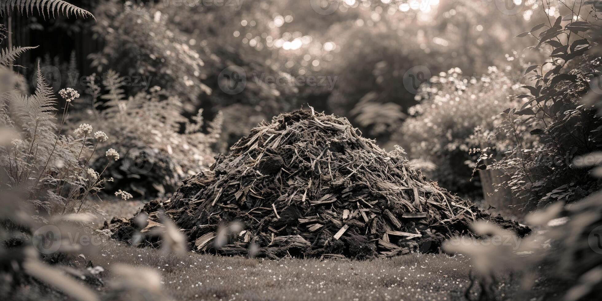 A Bountiful Compost Pile in a Lush Garden Setting. photo