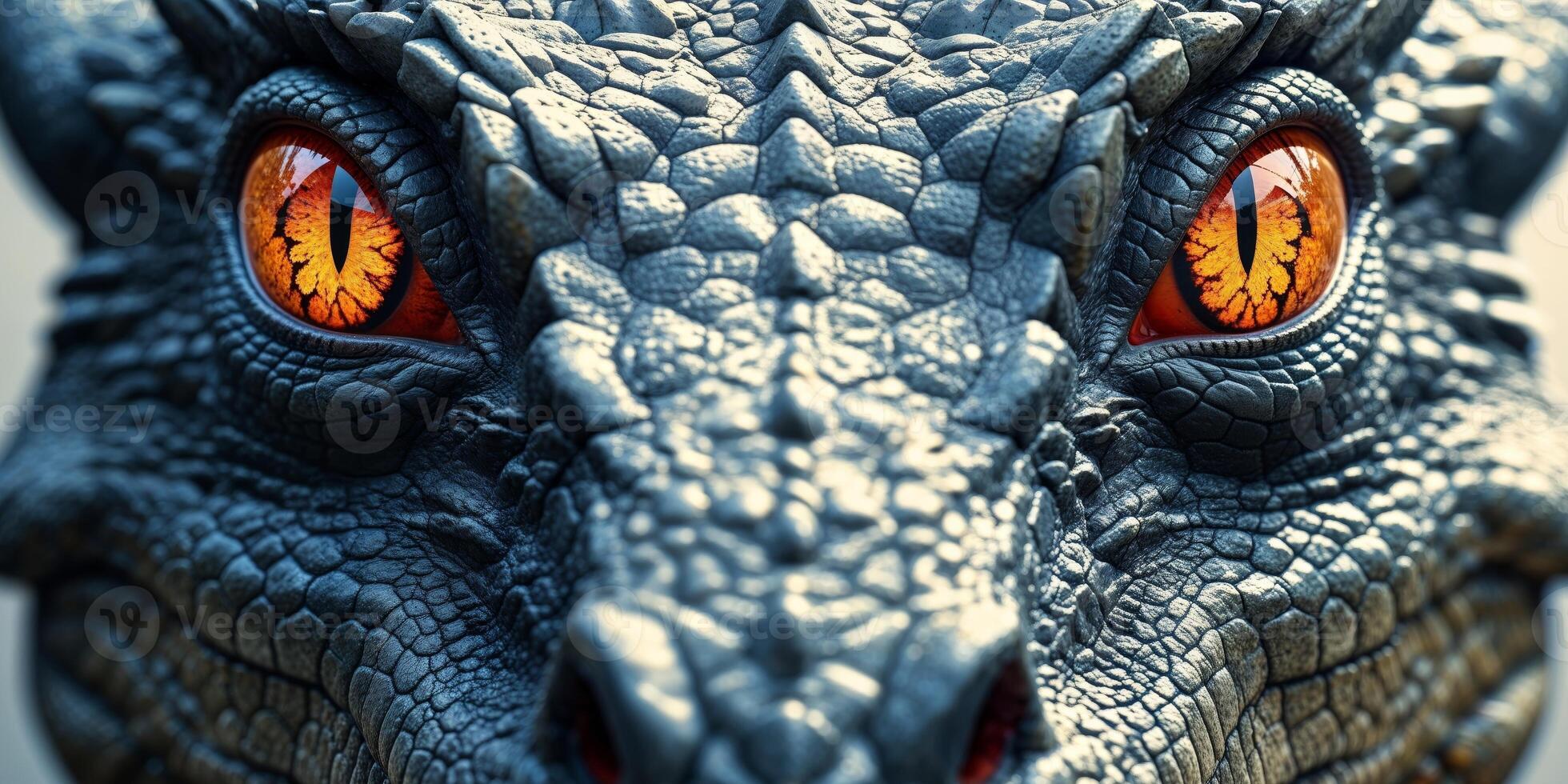 A close up of a dragon's face with orange eyes. photo