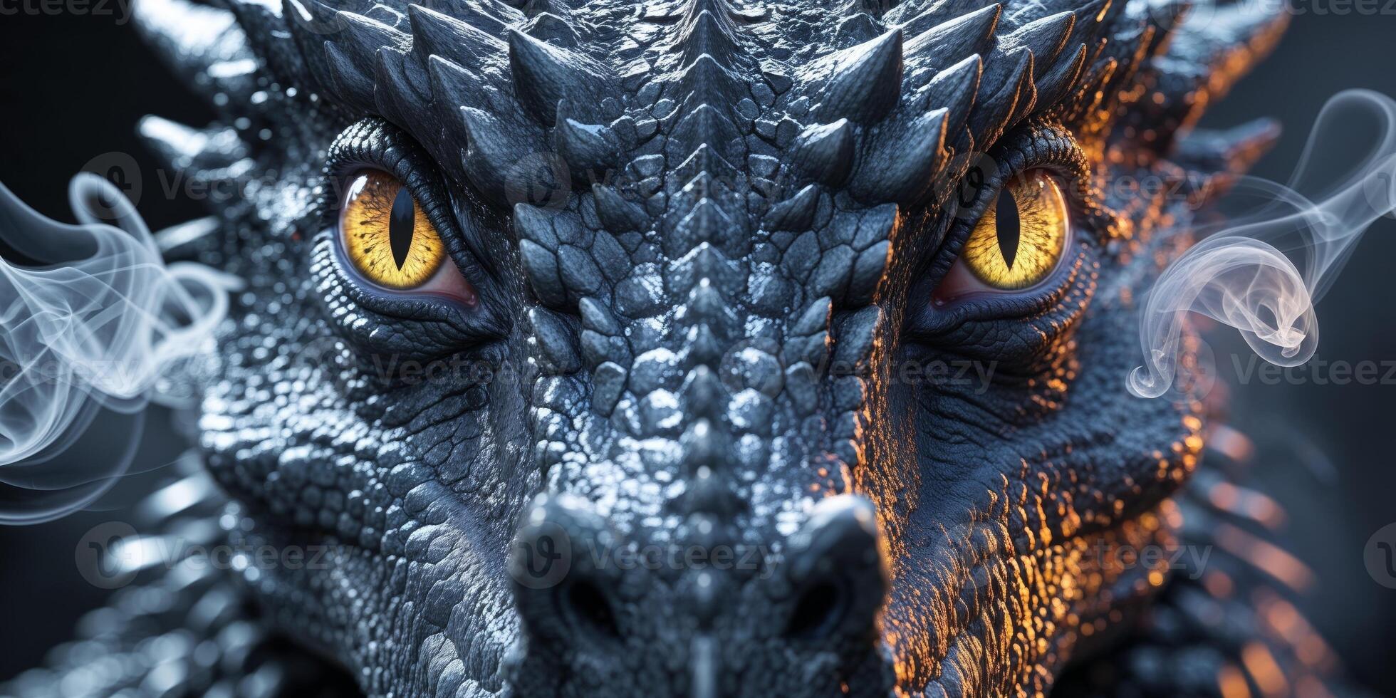 a close up of a dragon's eyes with smoke coming out of it. photo