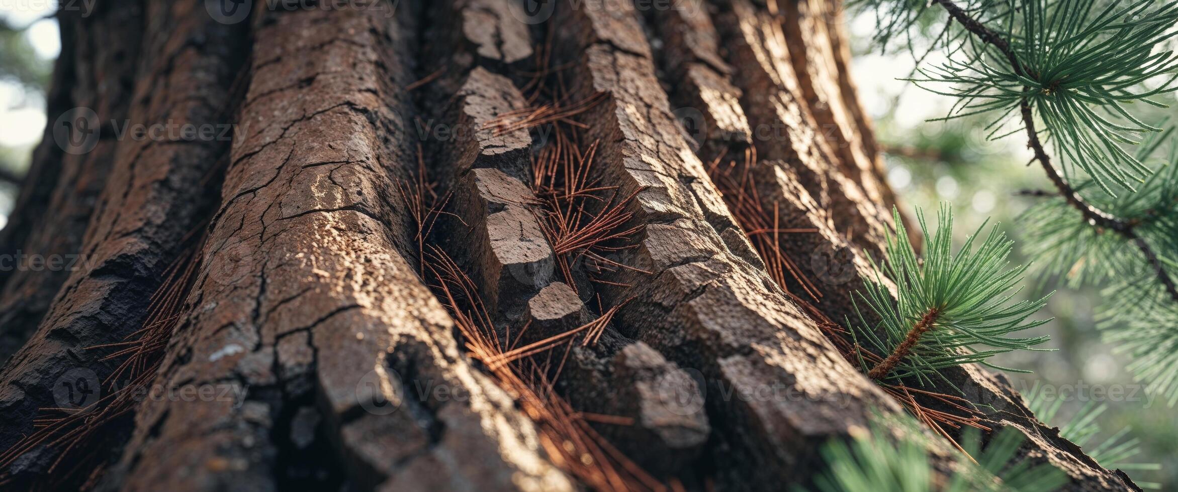A tight shot of a tree's rough bark and a pine tree's spiky needles embedded in it photo