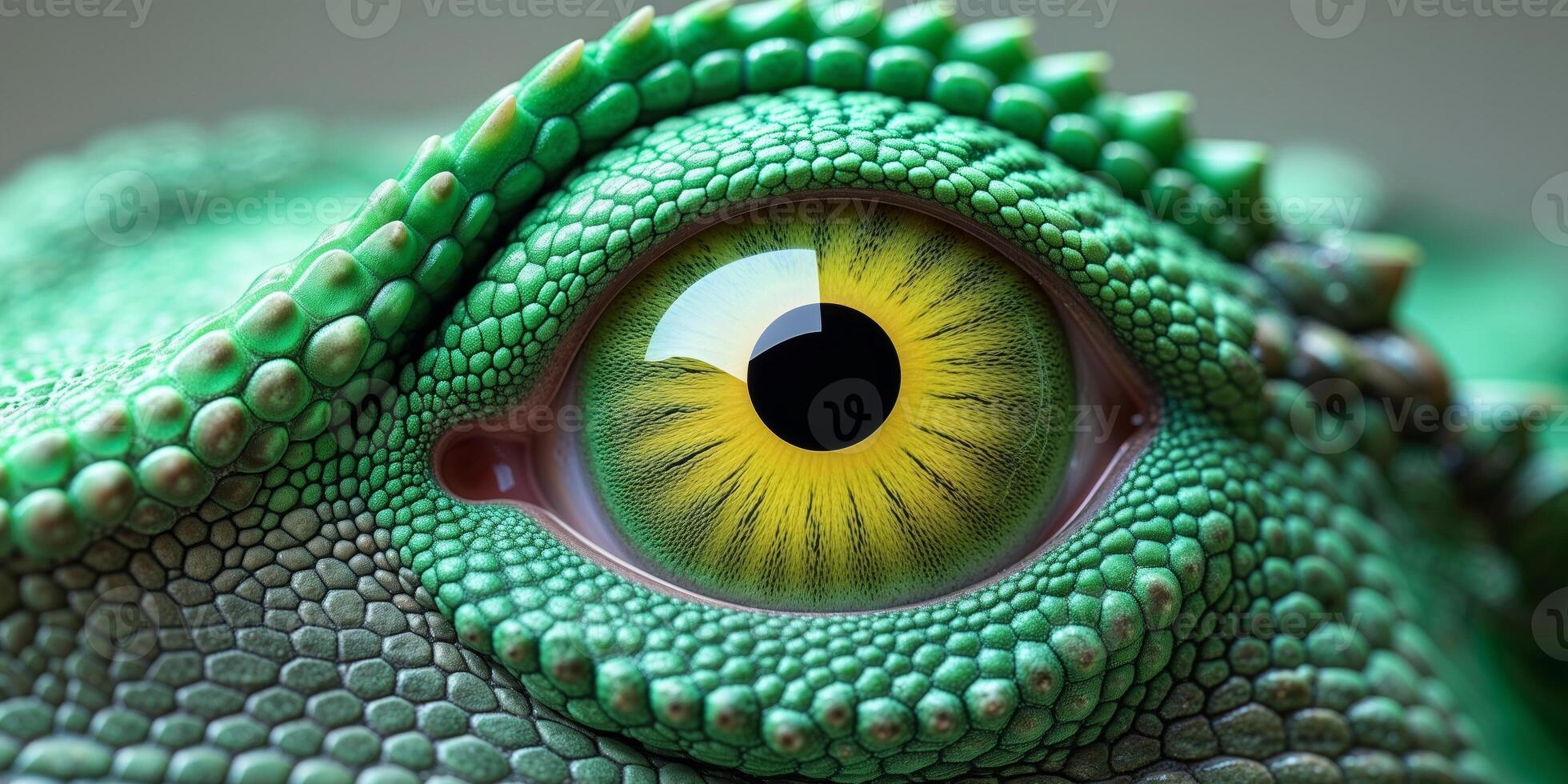 A close up of a green lizard eye with a yellow pupil photo