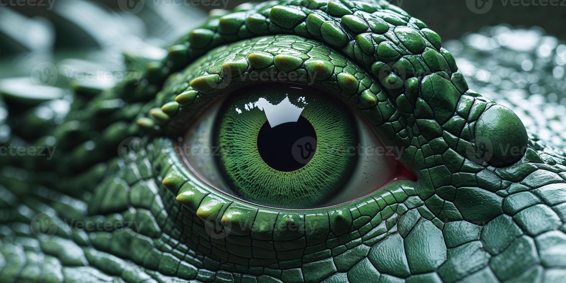 A close up of a green crocodile eye with a green iris. photo