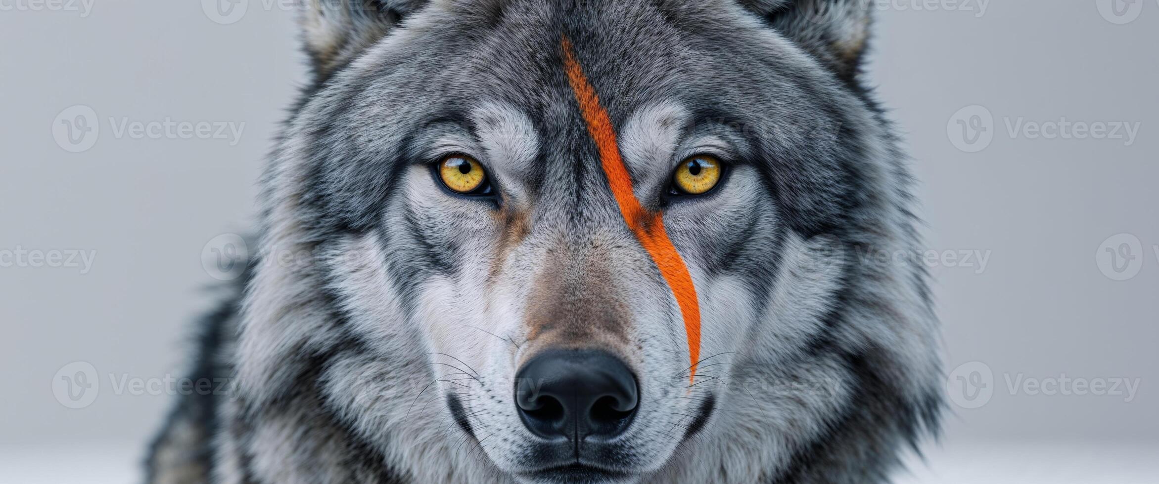 A tight shot of a wolf's face displays an orange and black stripe on its left side photo