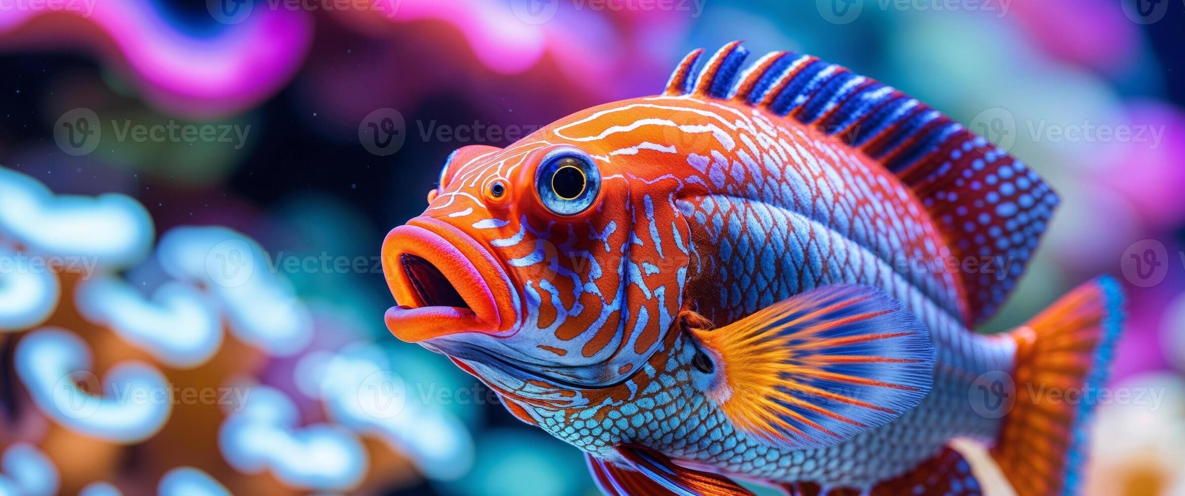 A tight shot of a fish with its expanded mouth before corals photo