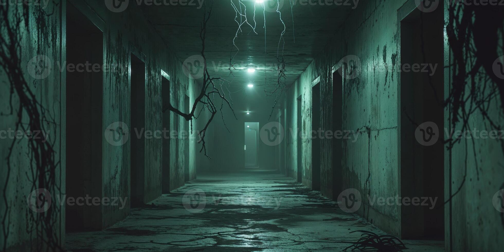 Dark corridor filled with ghostly shadows and eerie light evokes a sense of dread and suspense in a cinematic horror setting. photo
