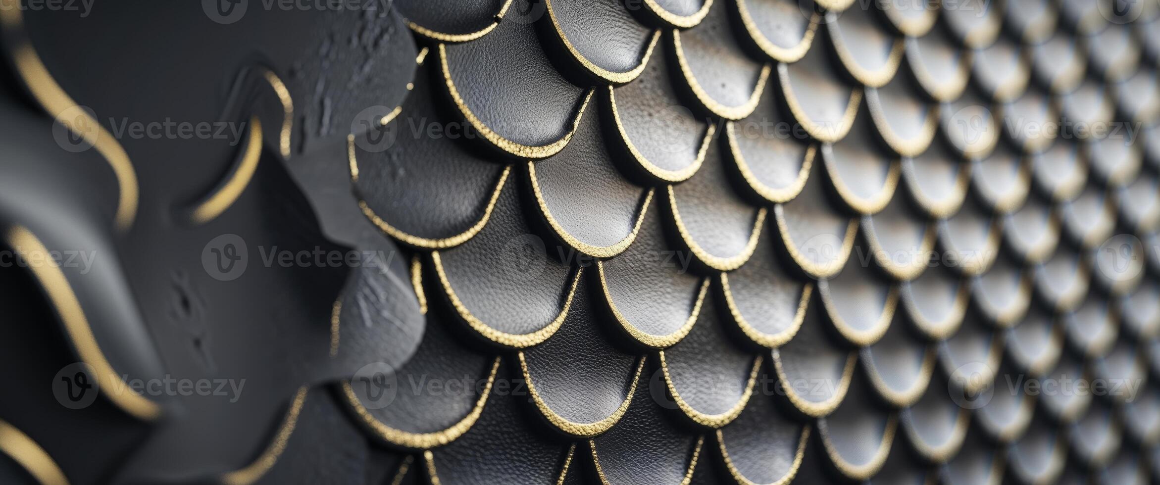 A tight shot of a black and gold fish scale design embellishing a textured wallpaper. photo