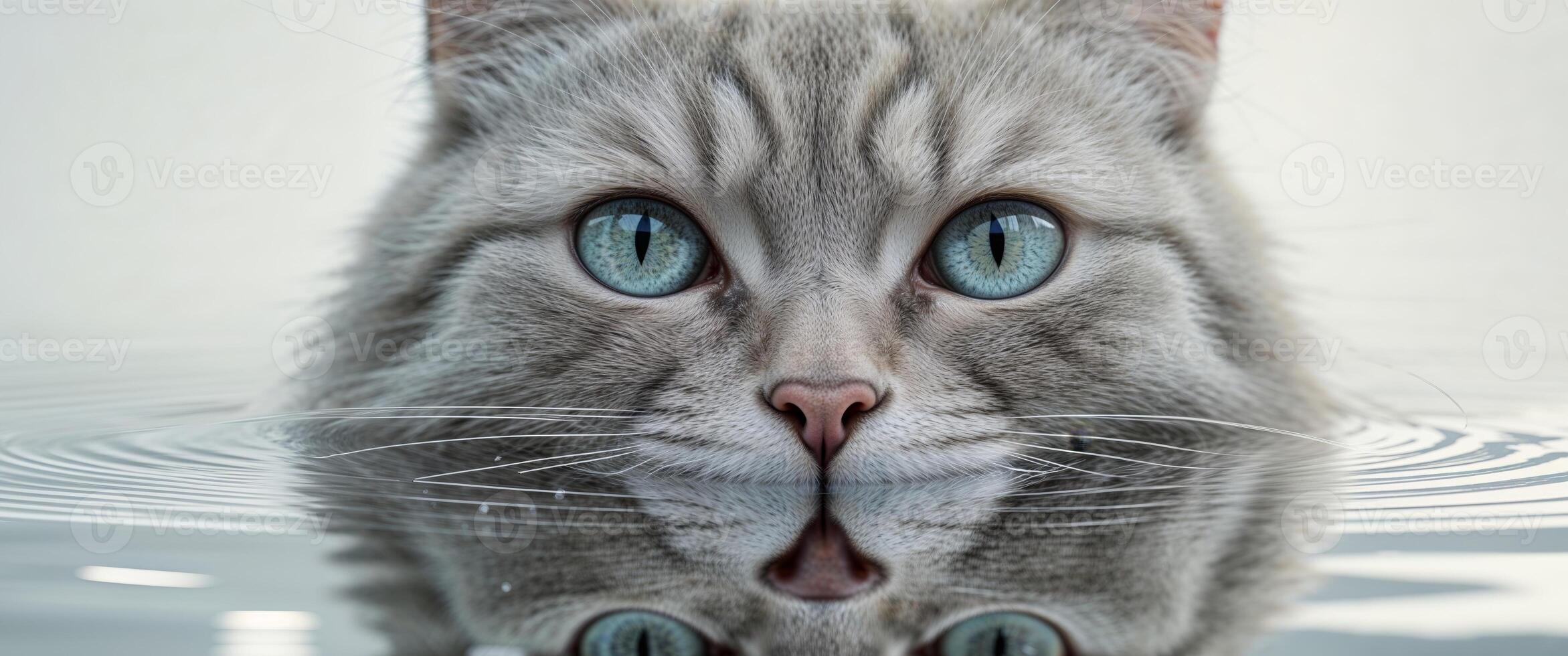 A tight shot of a cat's face mirrored in water's surface. photo