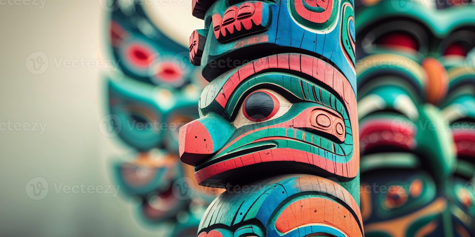 Colorful Totem Pole Featuring Intricate Carvings and Rich Symbolism. photo