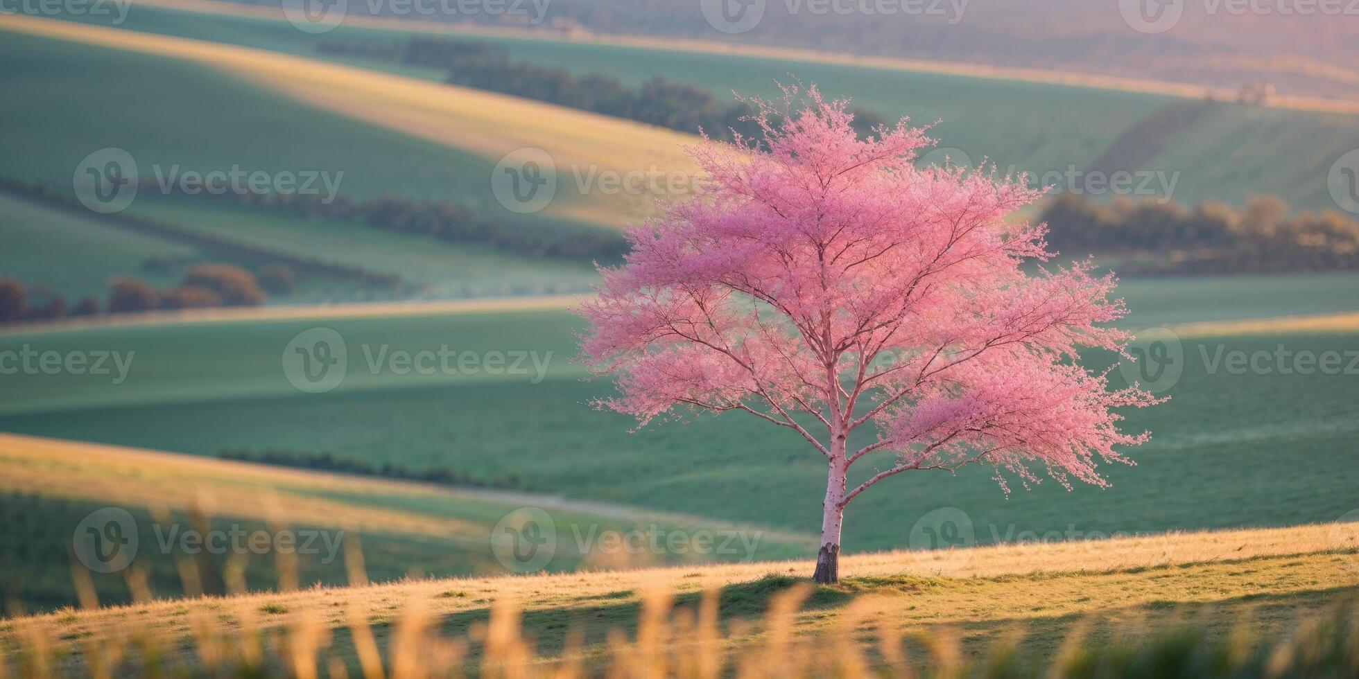 A pink tree stands out on a hillside with green fields photo