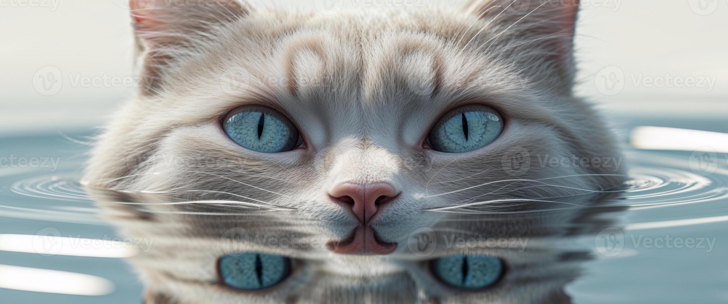 A tight shot of a cat's face mirrored in water's surface photo