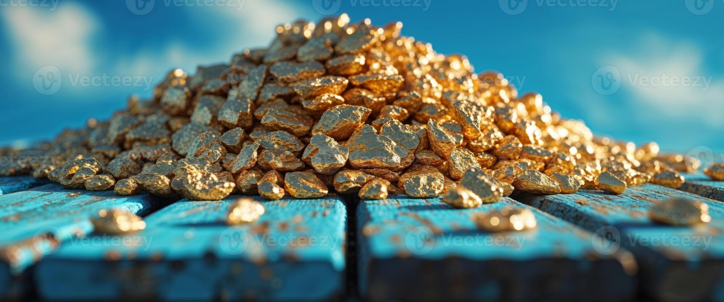 A Stunning Pile of Gold Nuggets Under a Bright Blue Sky. photo