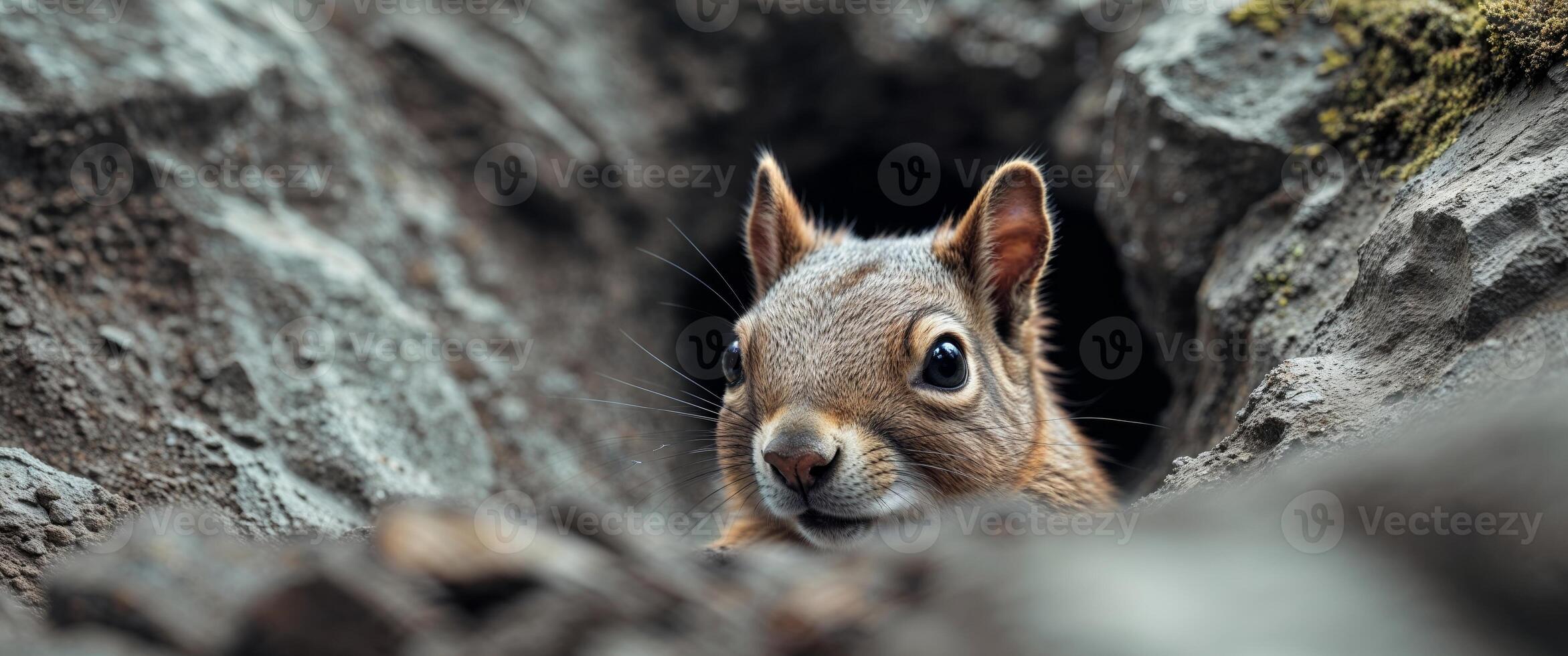 A tight shot of a squirrel's face emerging from a rocky mound photo