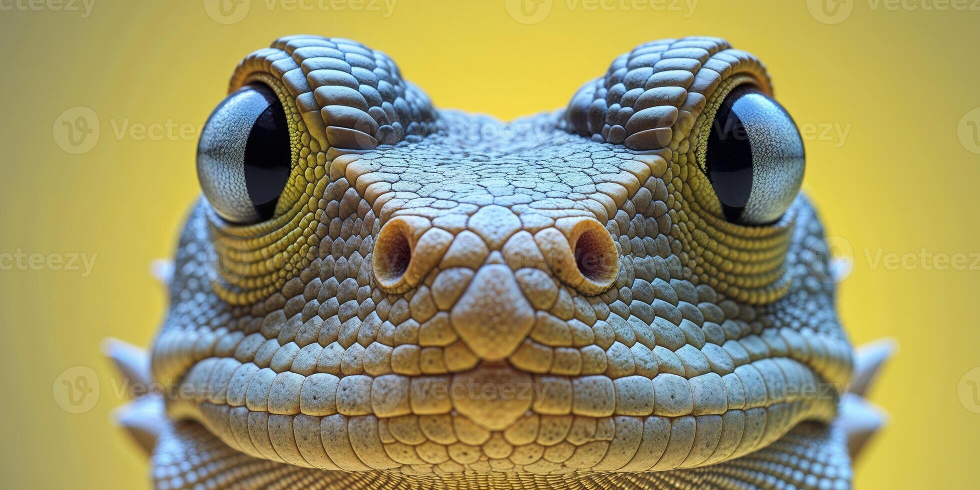A close up of a lizard's face with a yellow background. photo