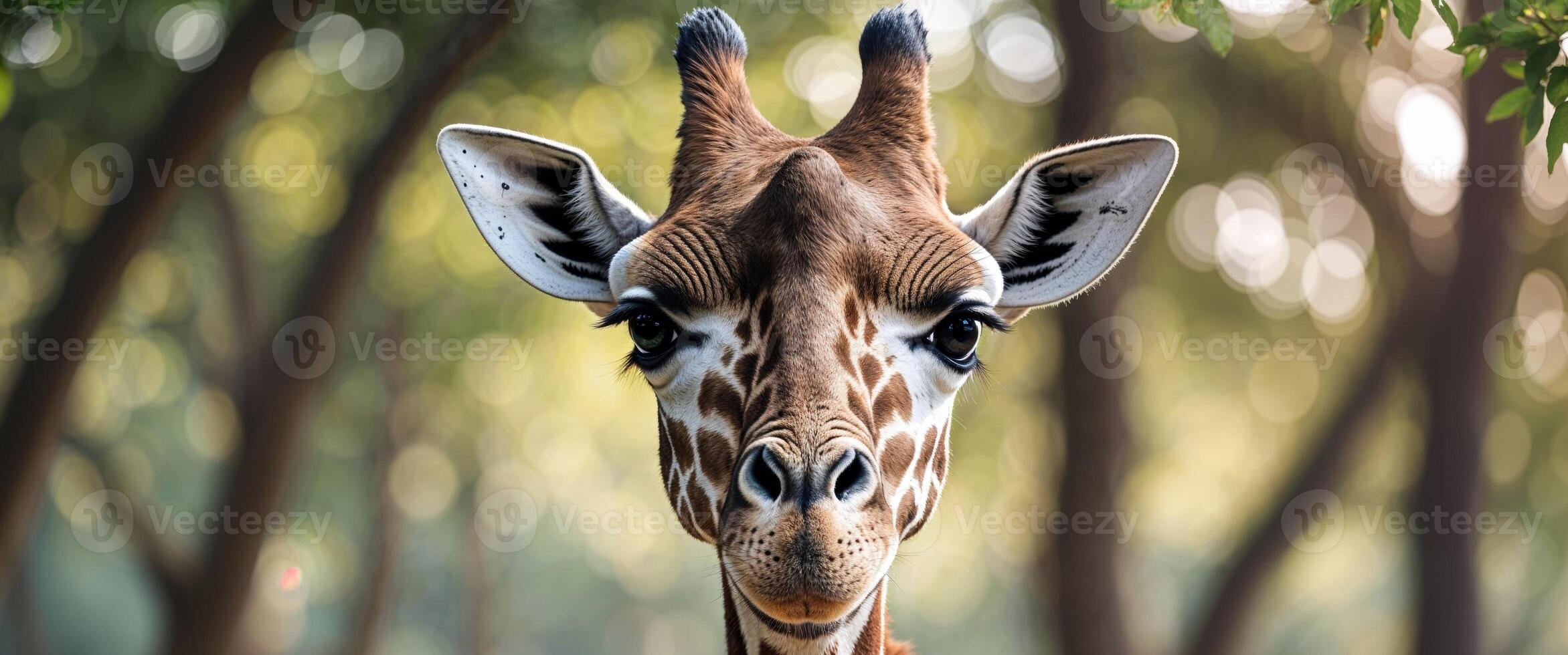 A tight shot of a giraffe's head and neck with trees in the background photo