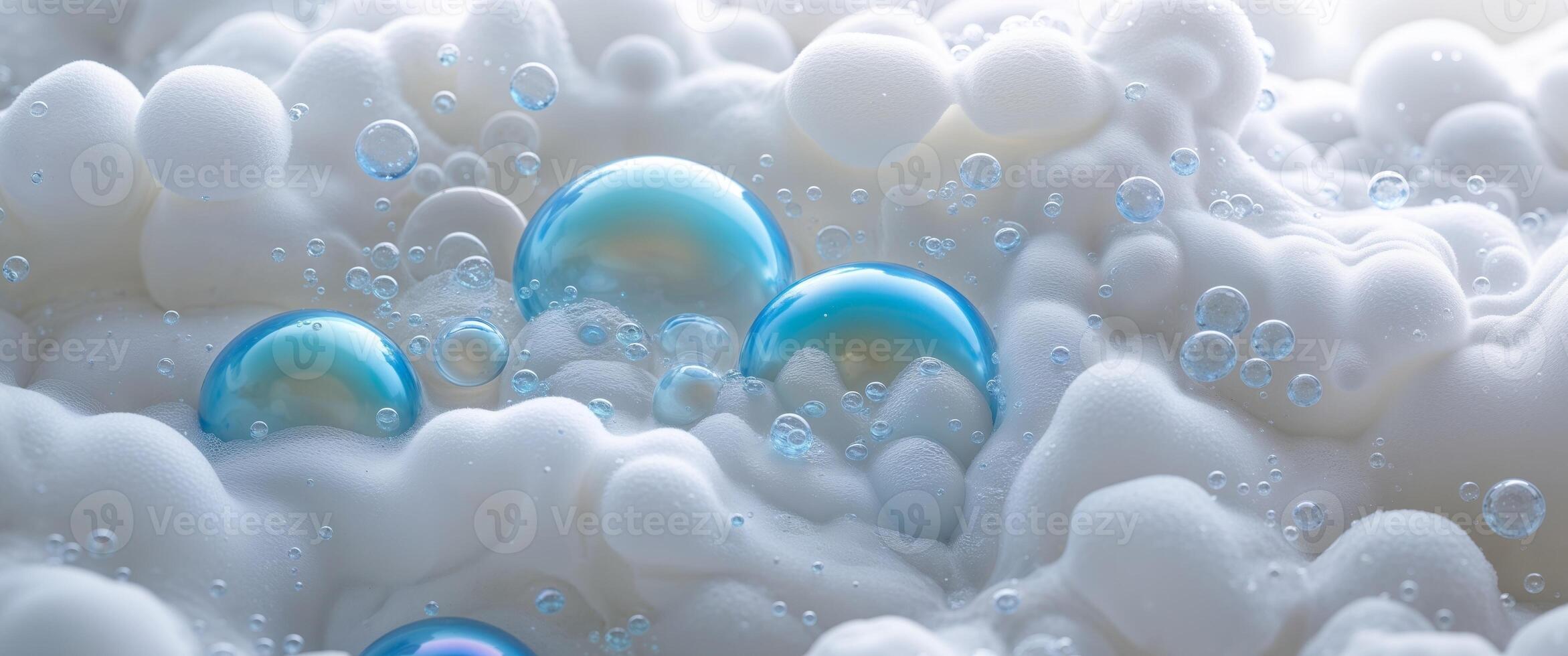 Close Up of Blue Bubbles and Foamy Texture Creating a Serene and Refreshing Visual Experience for Relaxation. photo