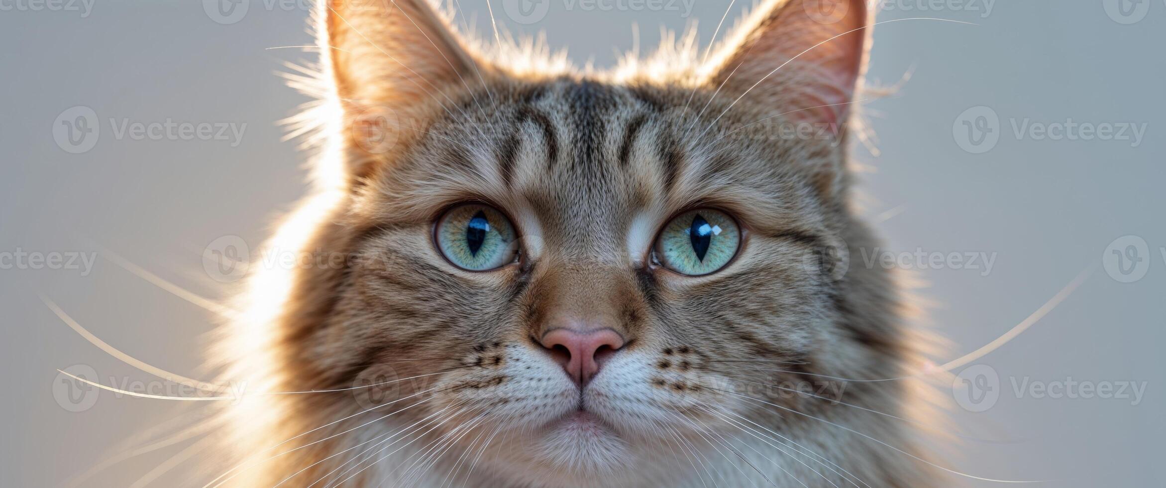 A tight shot of a cat's face with backlit illumination from above. photo