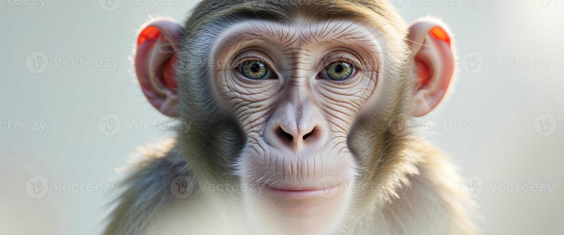 A tight shot of a monkey's face exhibiting blurred features and hazy eyes photo