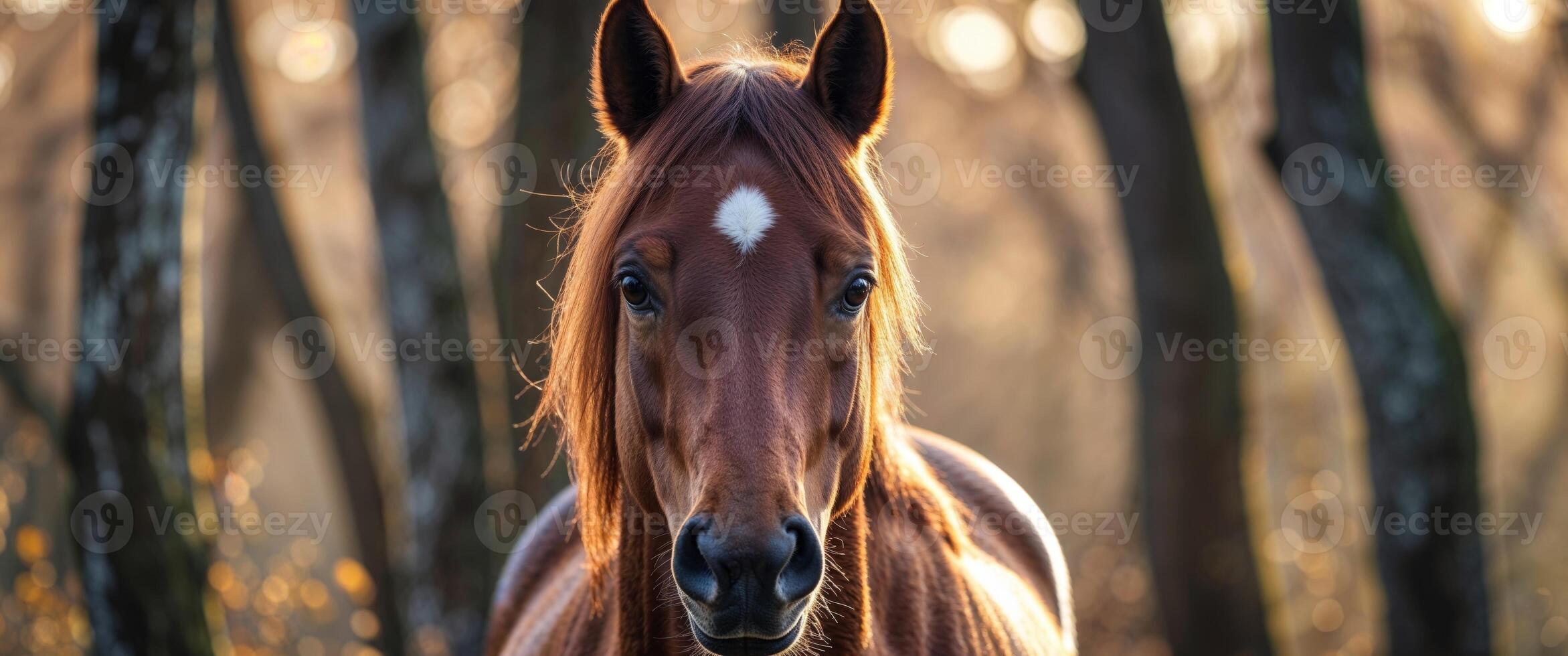 A horse standing in the woods with trees in the background photo