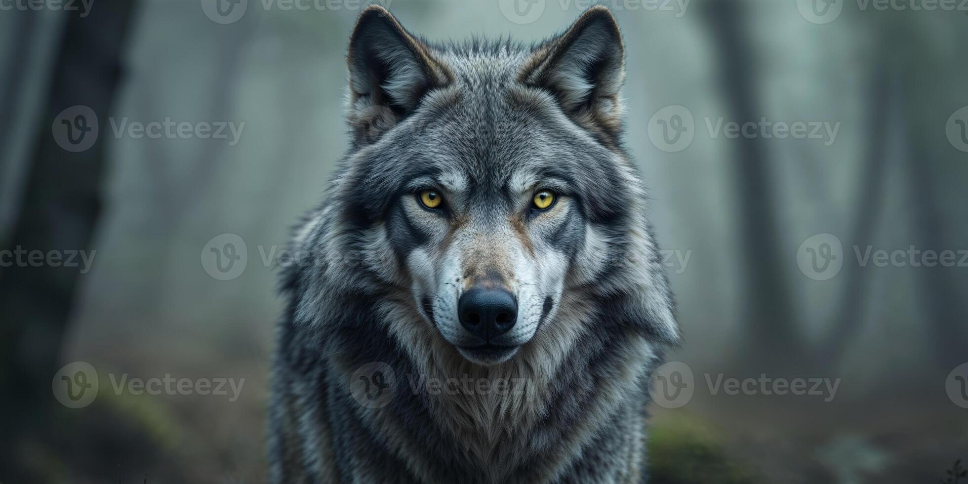 A wolf is looking at the camera in a forest photo