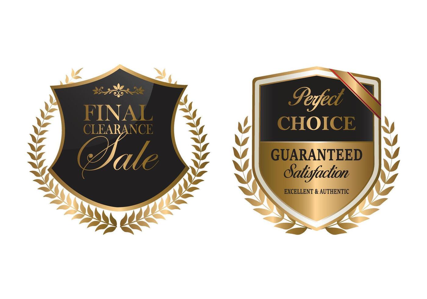 Golden luxury labels and shield, gold premium quality certificate ribbons, badges. Luxury VIP and premium quality sticker tags and banners for best product seals and banners with golden crown vector