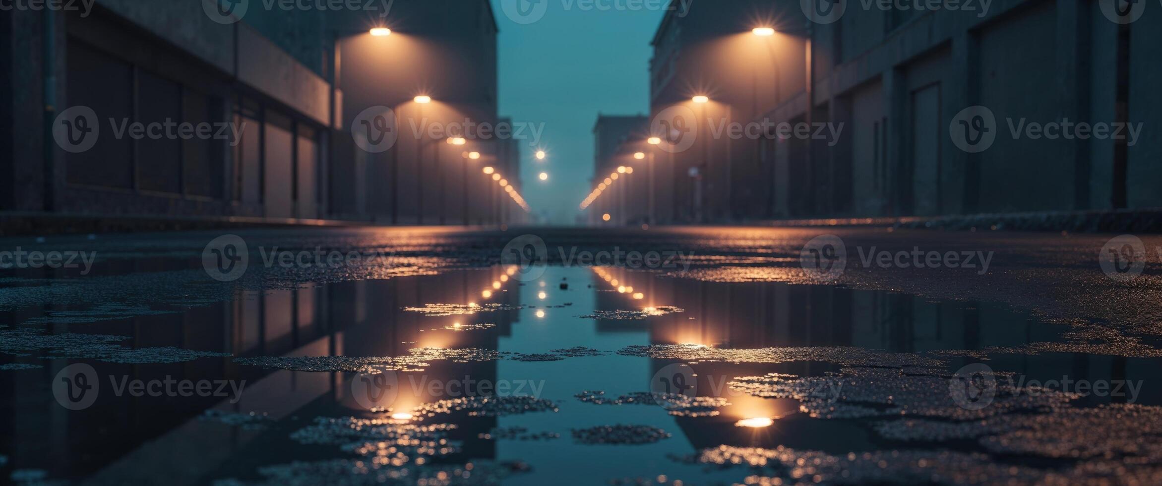 A street at night with lights on the buildings photo