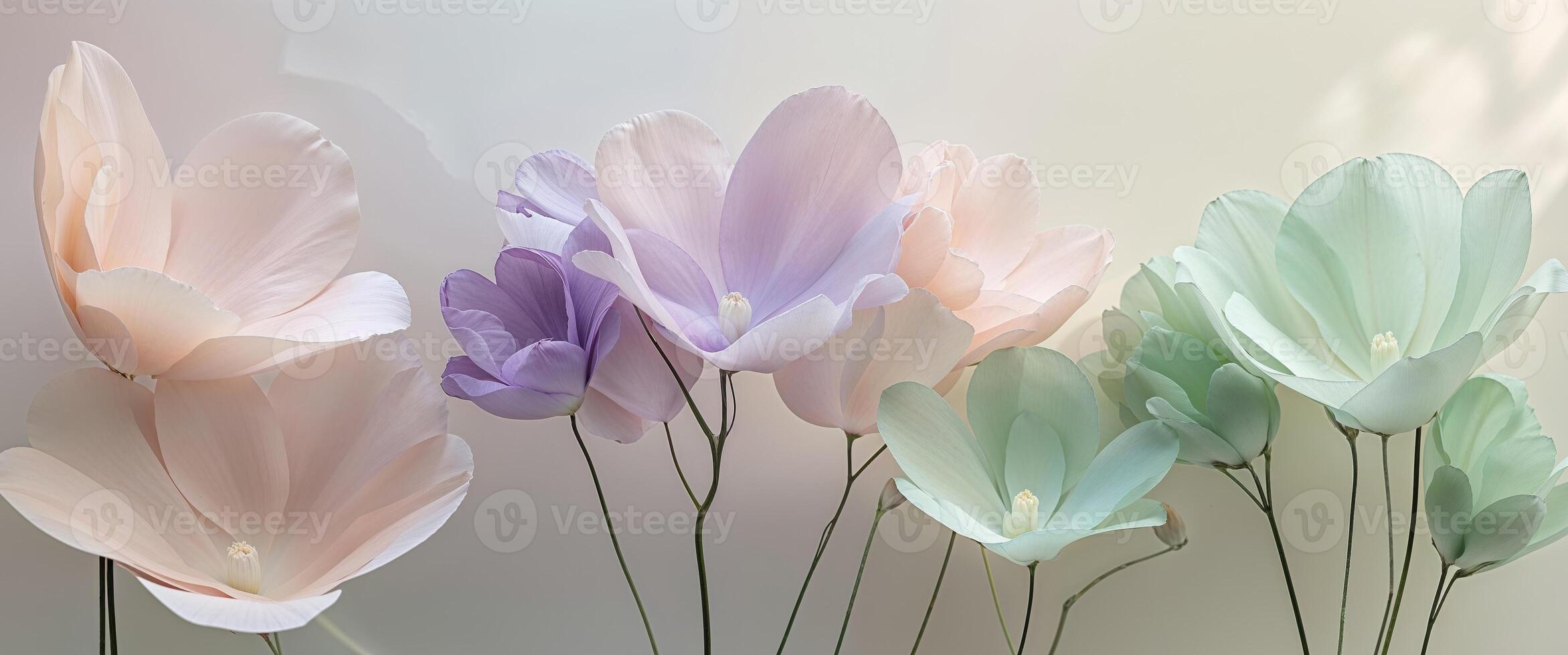 A group of pastel colored flowers are arranged in a vase photo