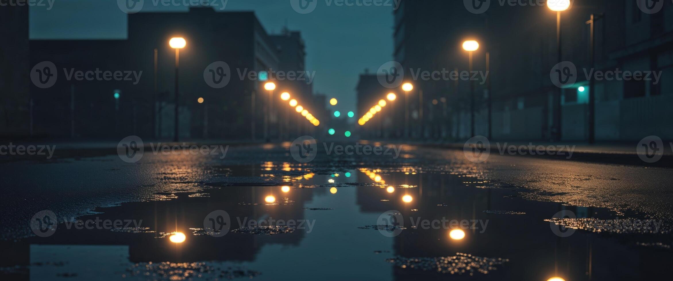 A street with a puddle of water reflecting the street lights photo