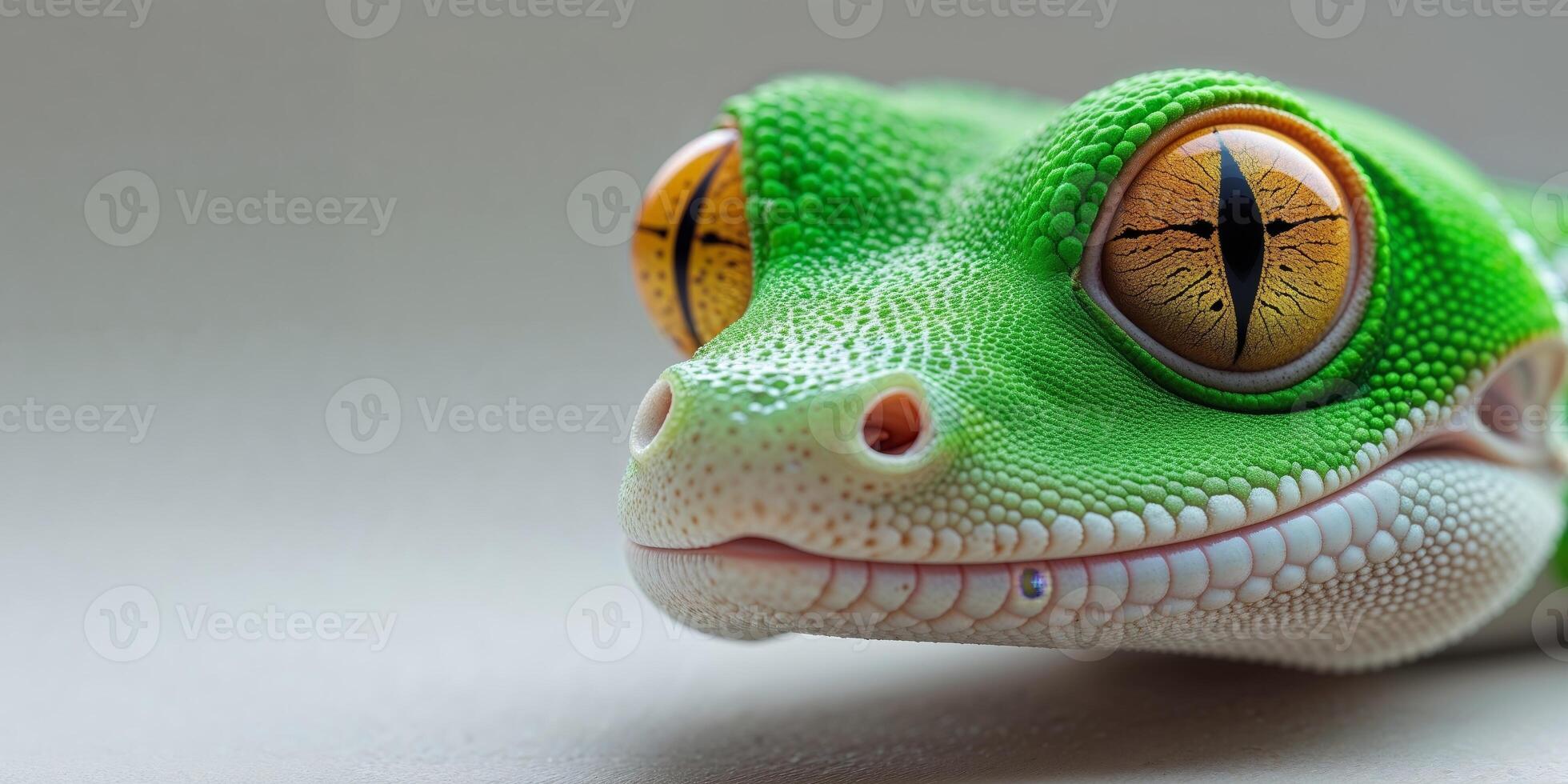 A close up of a green gecko's face with orange eyes. photo