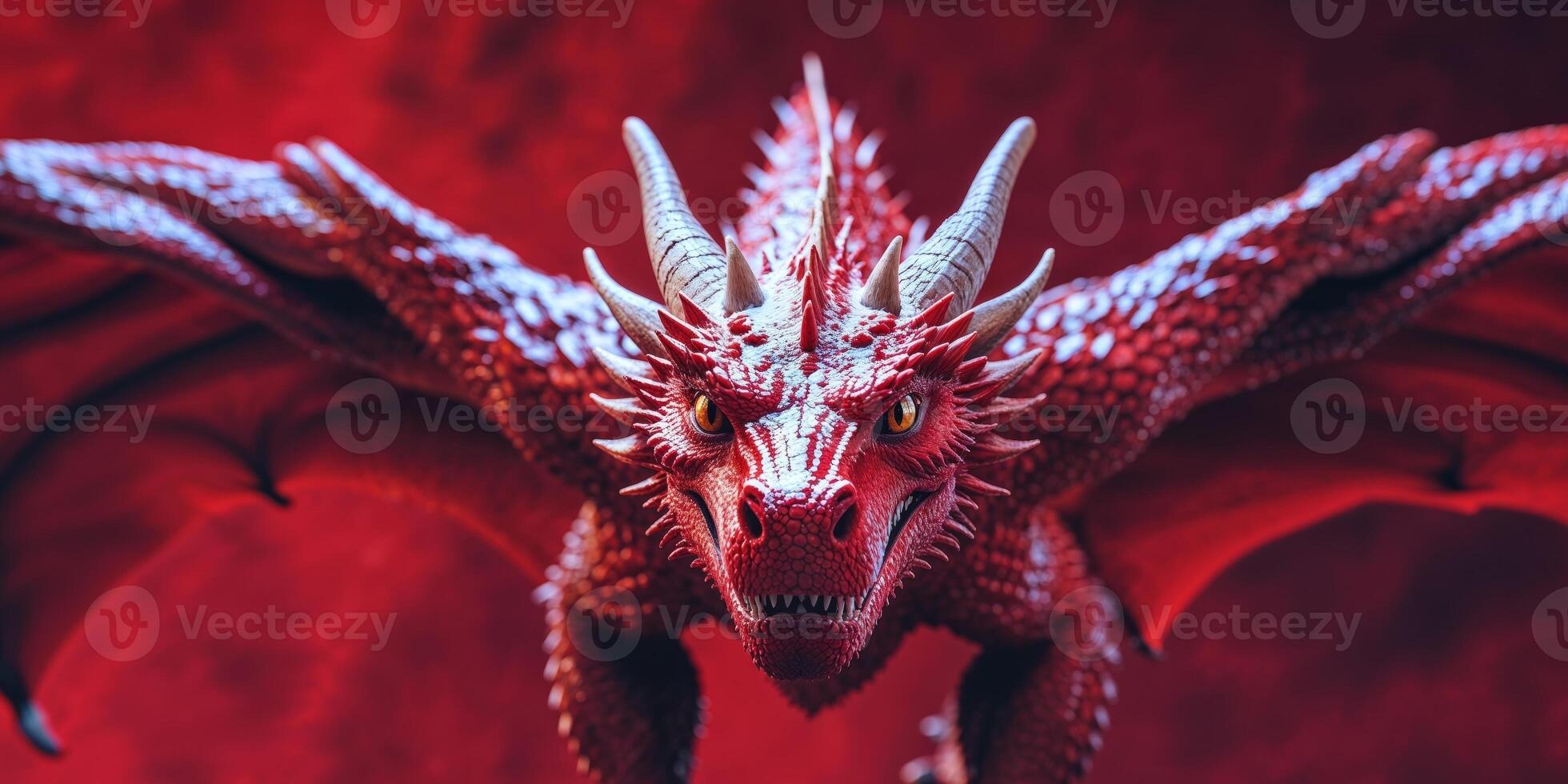 A red dragon is flying over a red background. photo