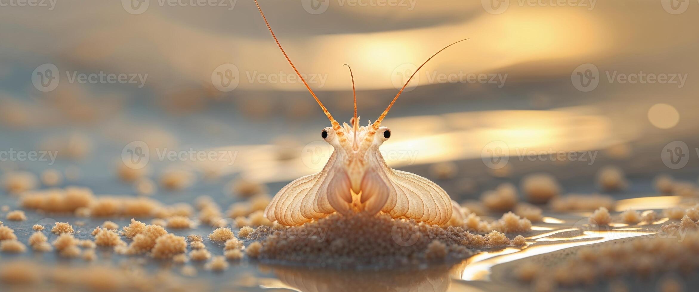 A tight shot of a small aquatic creature in a water body teeming with sand at its base photo