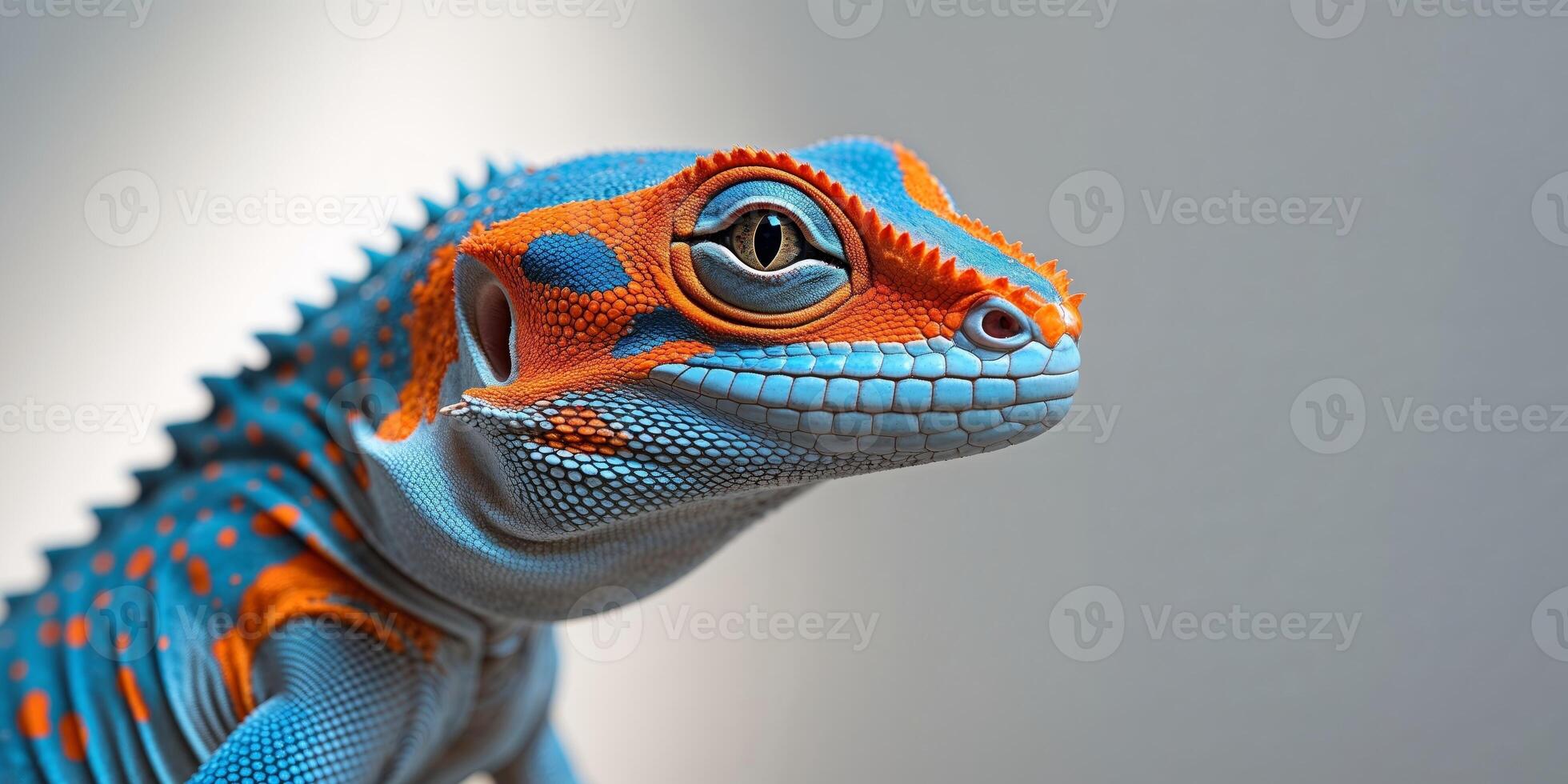 A lizard with orange and blue markings on its face and body. photo