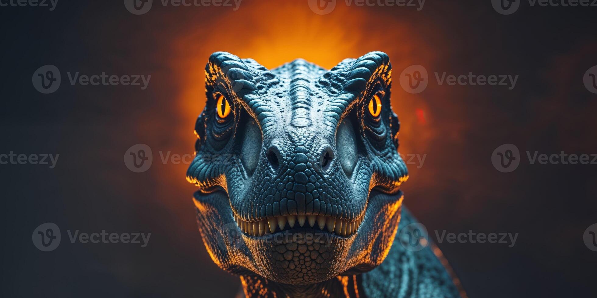 A tight shot of a dinosaur's face with an orange light illuminating in the background photo