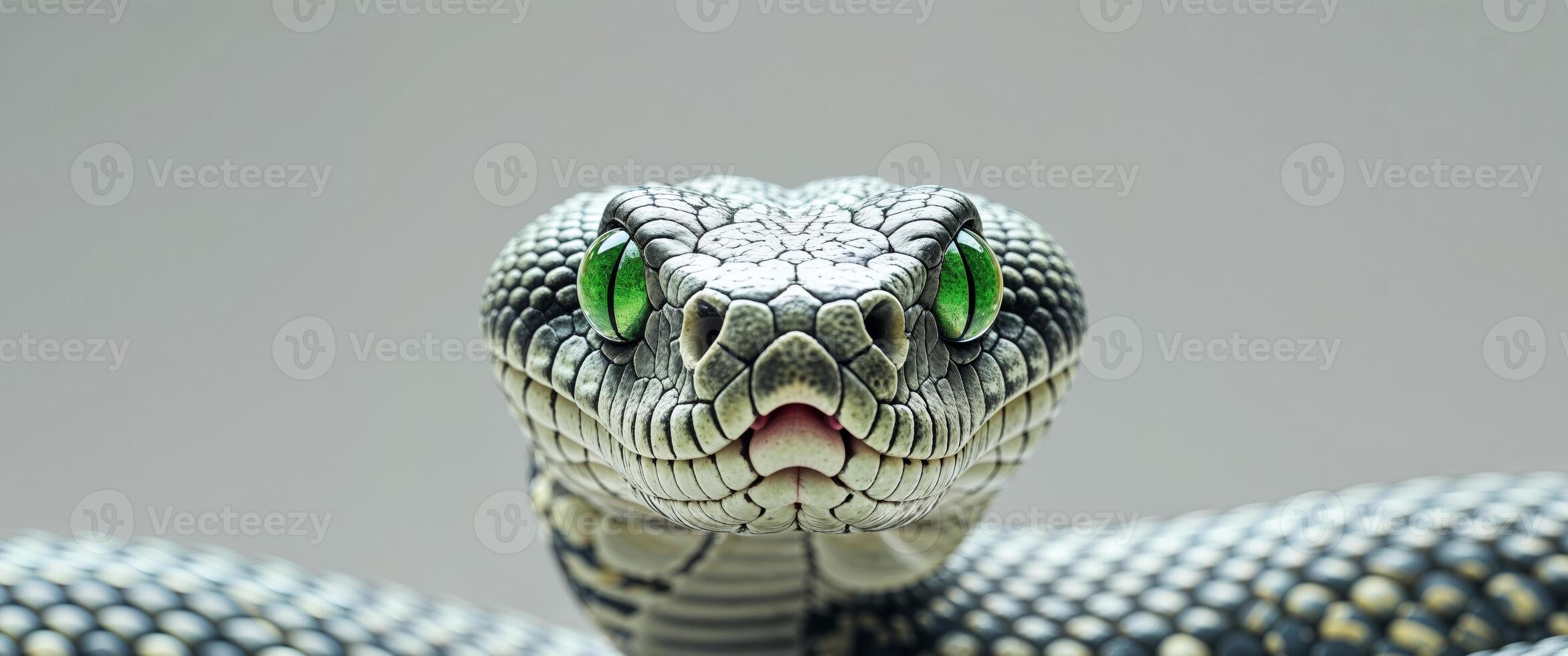 A tight shot of a snake's head reveals a green pupil in its eye photo