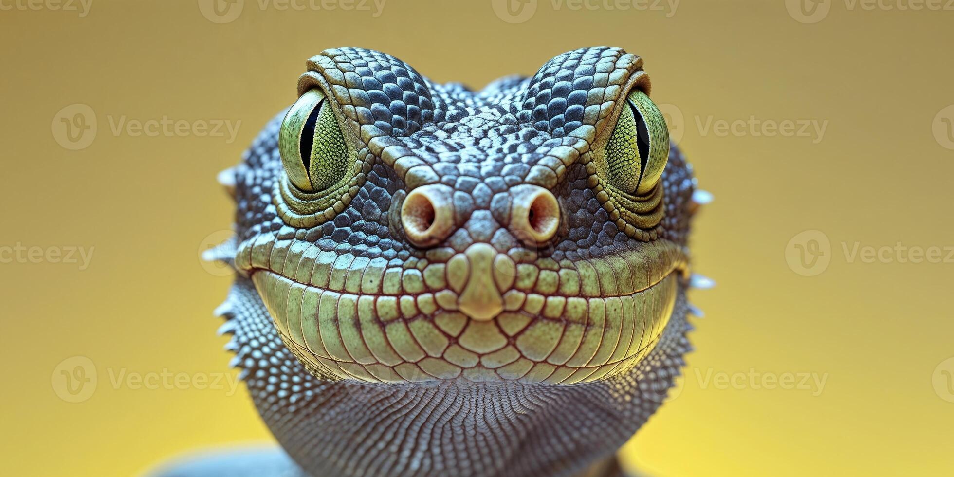 A close up of a lizard's face with a yellow background photo