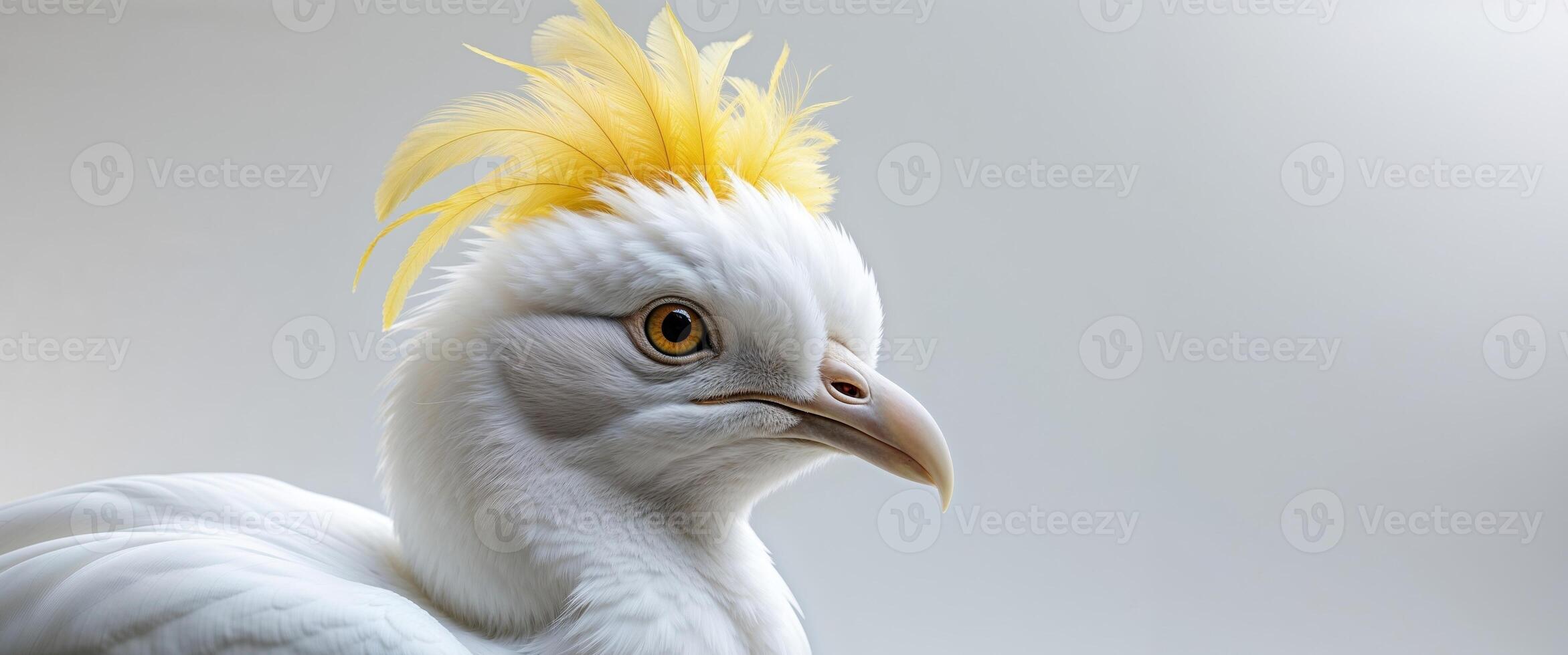 A tight shot of a white bird wearing a yellow crown and sporting yellow feathers atop its head photo