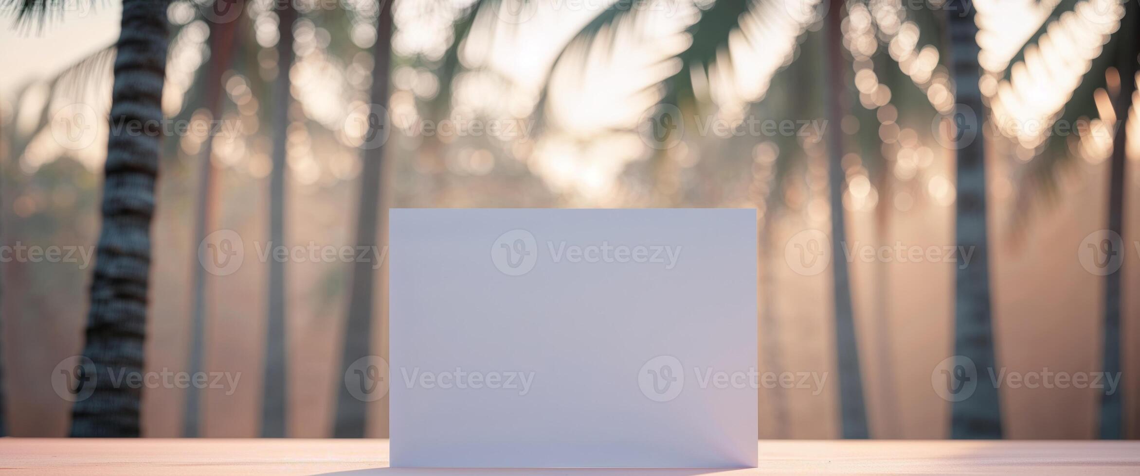 A white card on a pink table with palm trees in the background photo