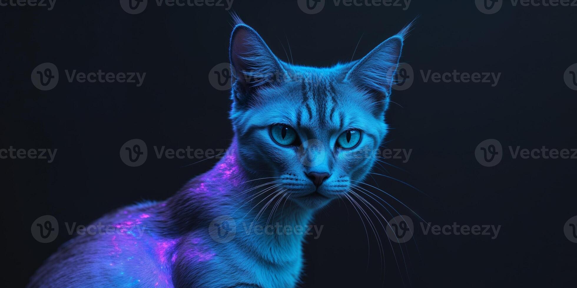 Captivating Neon Feline with Piercing Gaze and Sleek Stylish Fur on Black Backdrop. photo