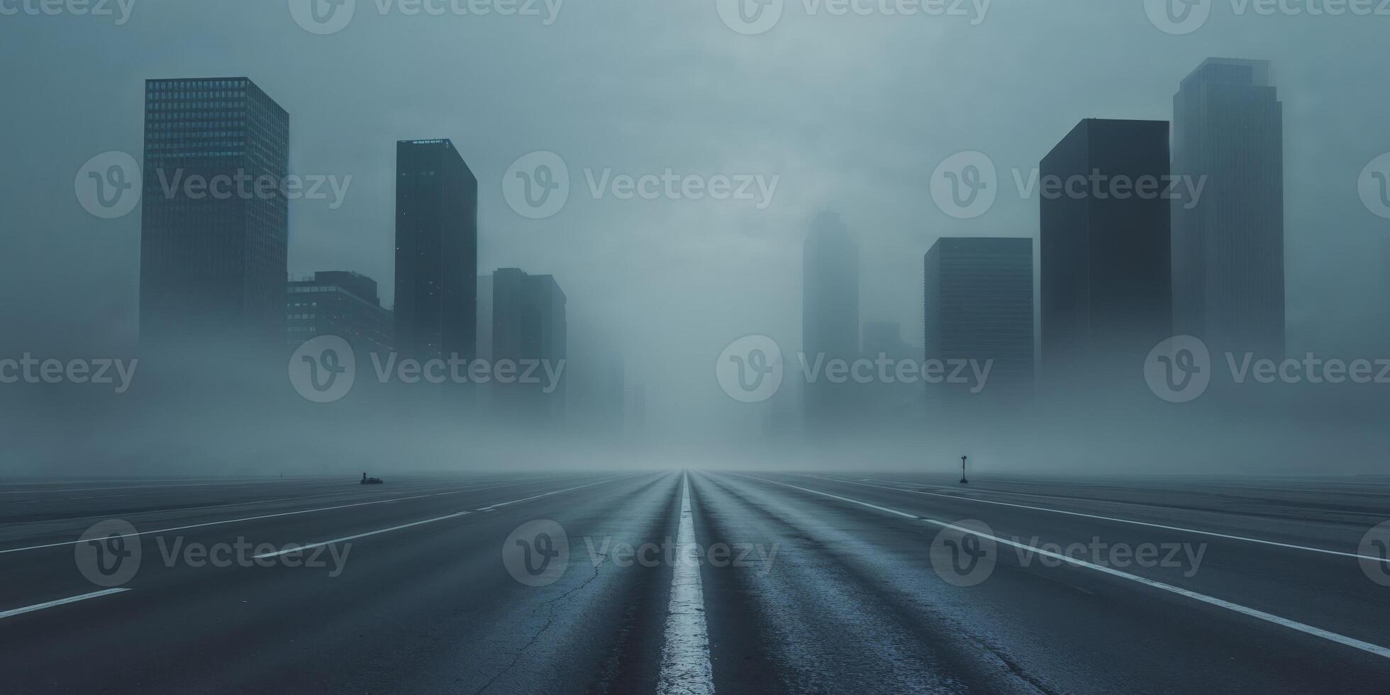 Desolate asphalt street with skyscraper silhouettes and dramatic fog offering ample space for text and creative designs. photo